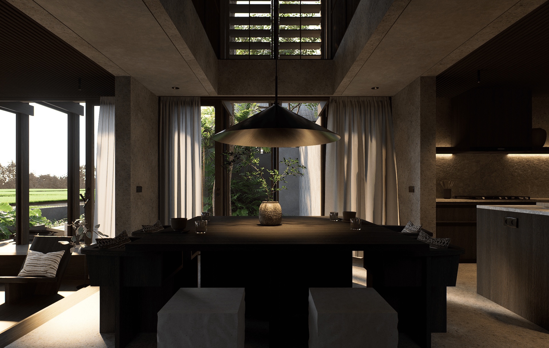 Dining room with void and pendant lamp looking outside