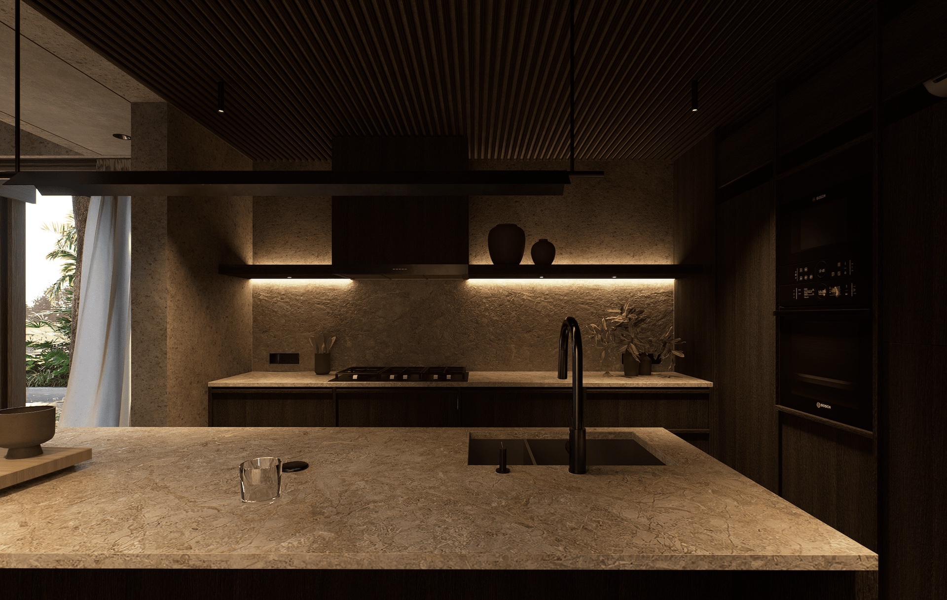 Kitchen island at rumah sawah showing natural marble tops and polished concrete finishes