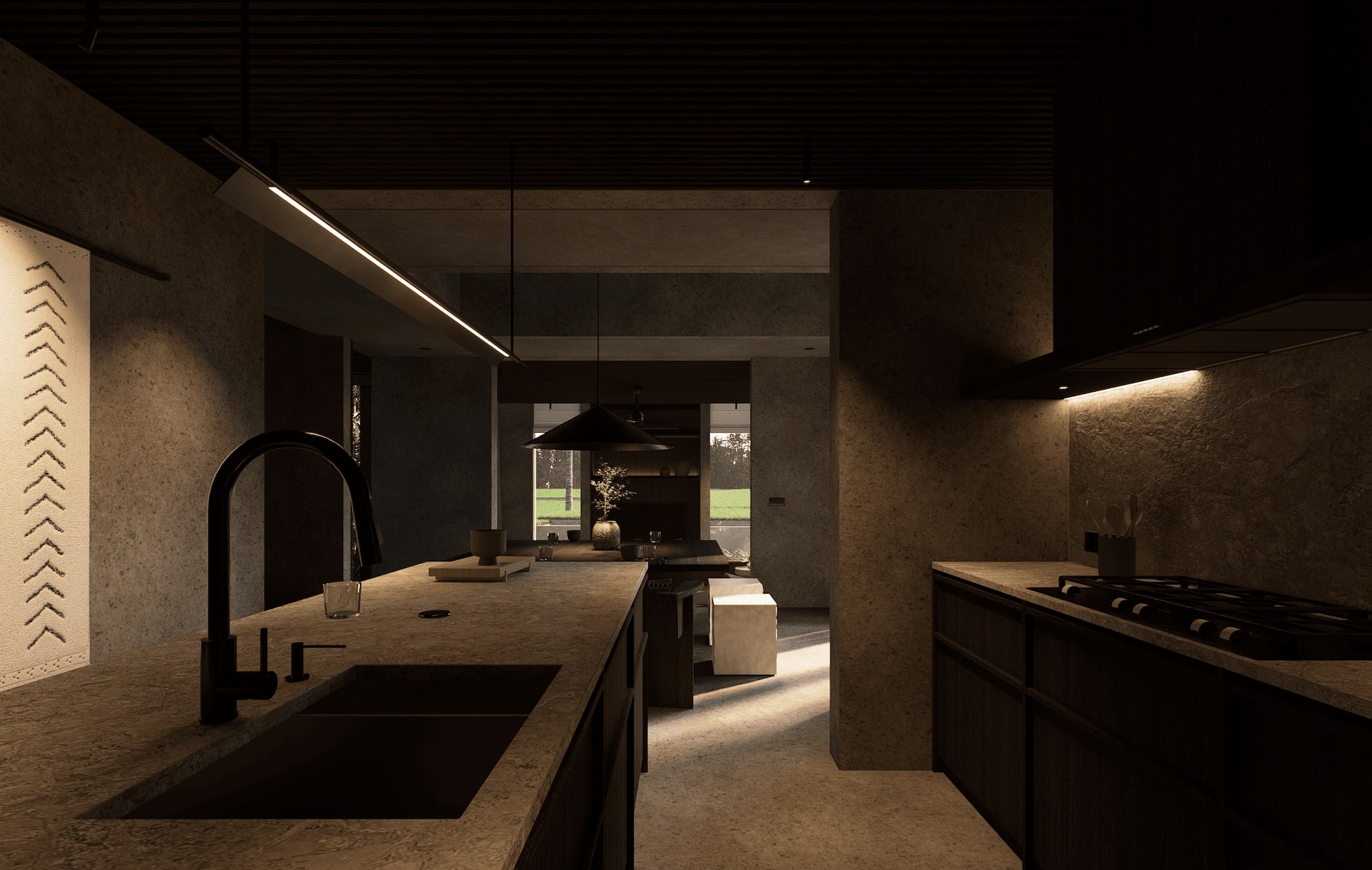 Kitchen space at rumah sawah showing natural marble tops and polished concrete finishes