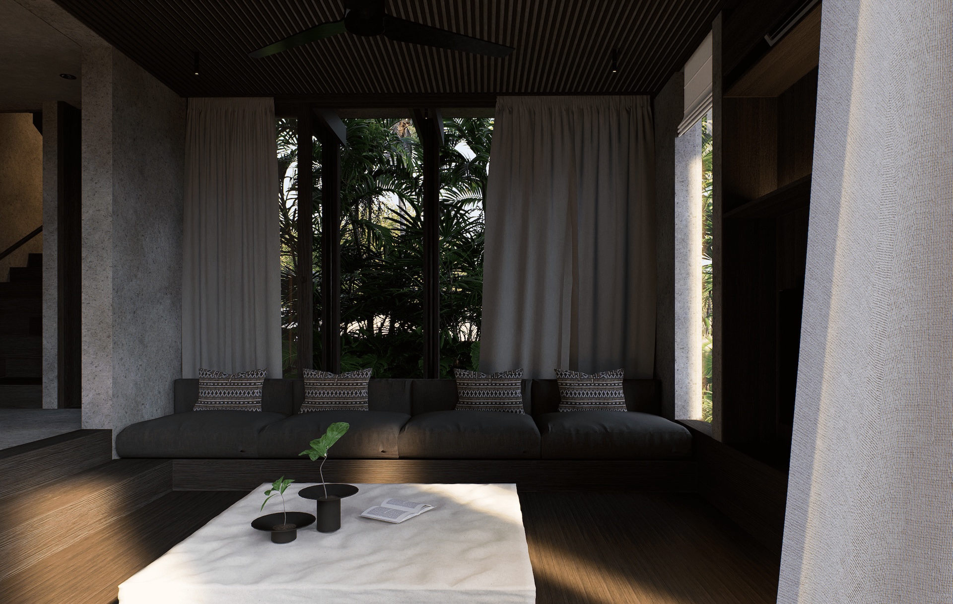 Living room view of the house showing linen curtains, dark linen sofa, solid marble coffee table, and wooden ceilings and floors