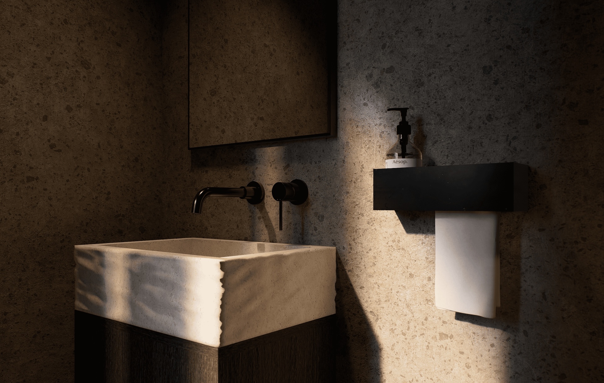 View of the powder room basin area with solid marble basin and custom metal soap and towel hanger