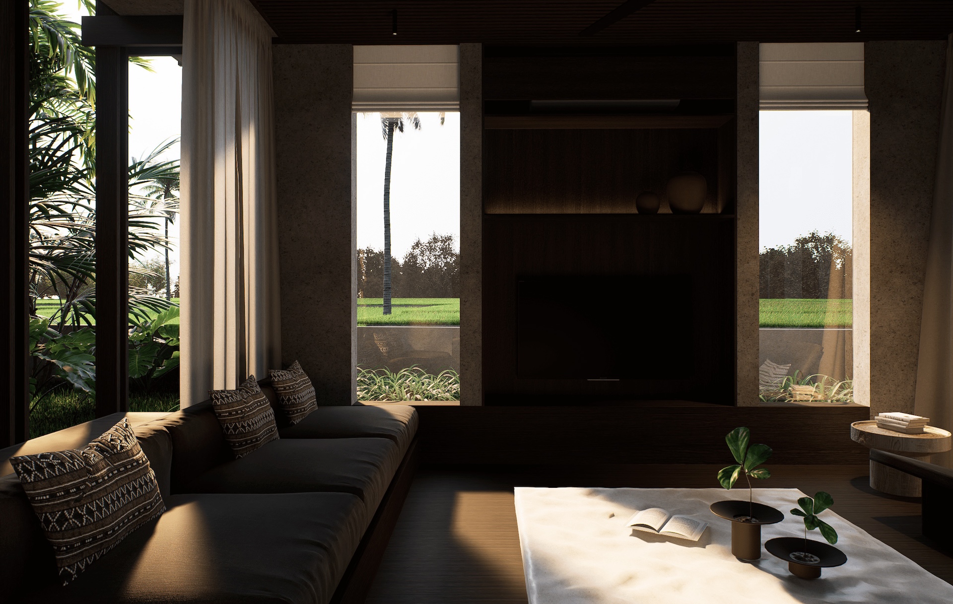 Living room view of rumah sawah showing openings towards the views and solid marble coffee table