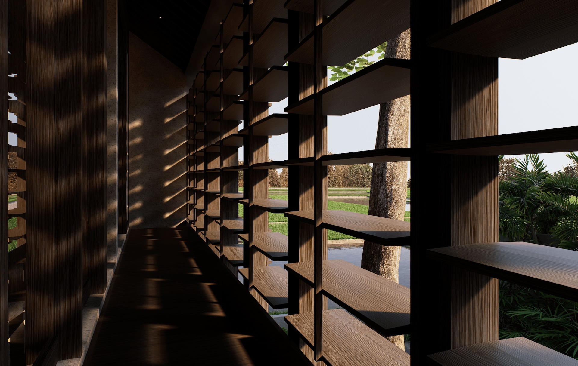 Upper corridor of rumah sawah showing wooden shutters