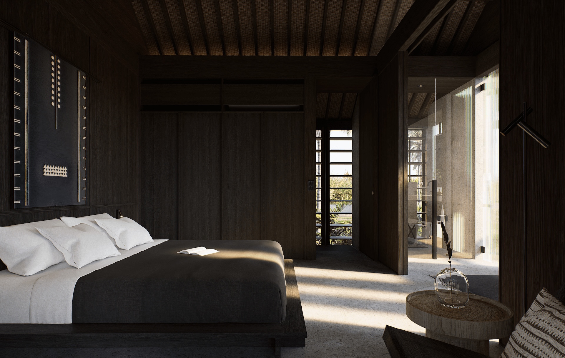 Side view of the bedroom of rumah sawah with built in wardrobe, rattan ceilings, and fully openable sliding doors towards the bathroom