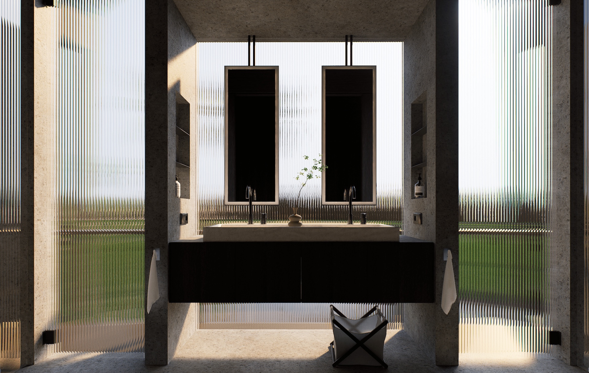 View of coupled basins at the bathrooms with fluted glass windows, black accents, and cream marble basins