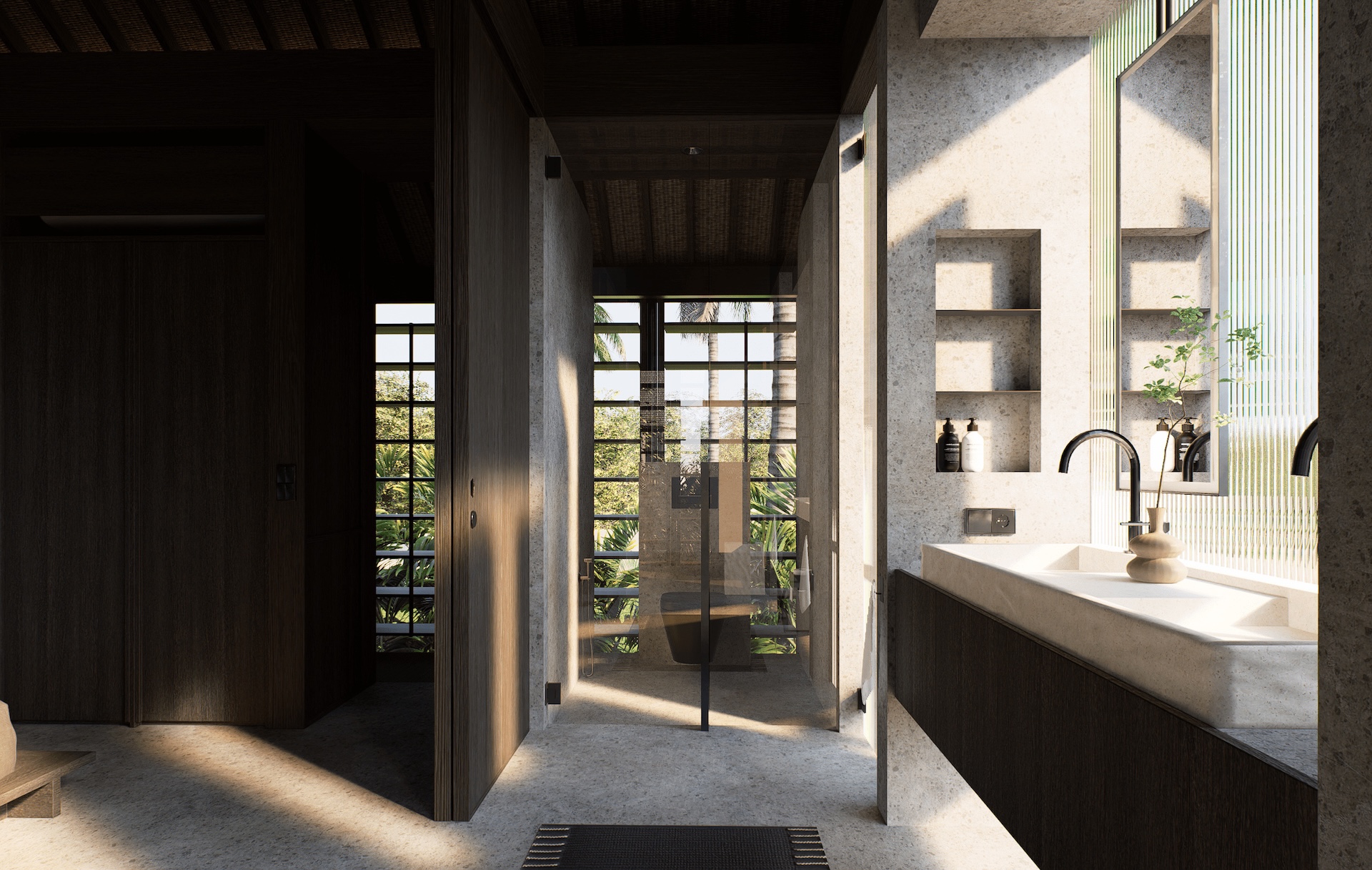 Bathroom view looking towards the toilet and coupled basin area with in wall storage space