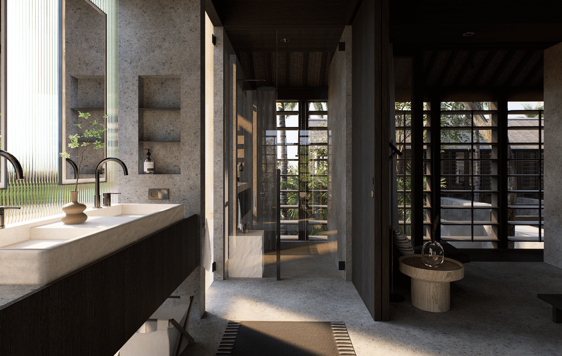 Bathroom view looking towards the shower and coupled basin area with in wall storage space