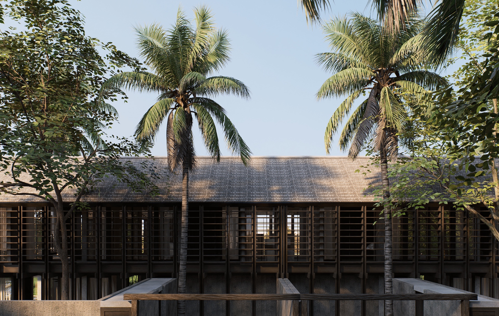 Side view of rumah sawah showing the wooden shutter facade