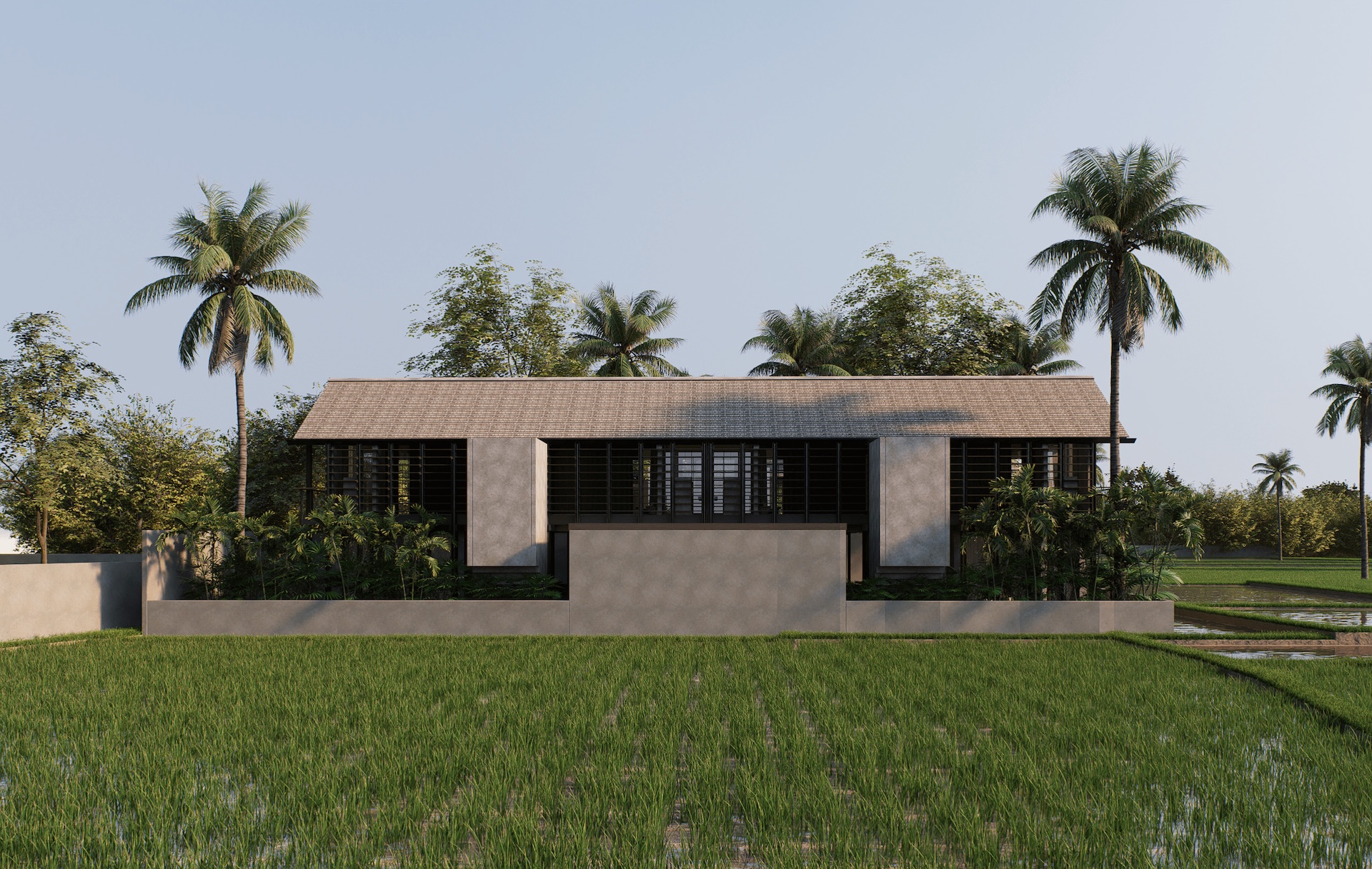 Rumah sawah rear facade showing the stair case element of the houses