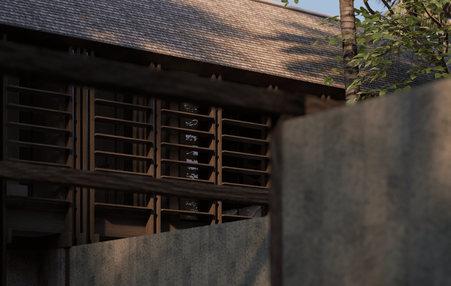 Close up view of wooden shutters on the elevation of the houses