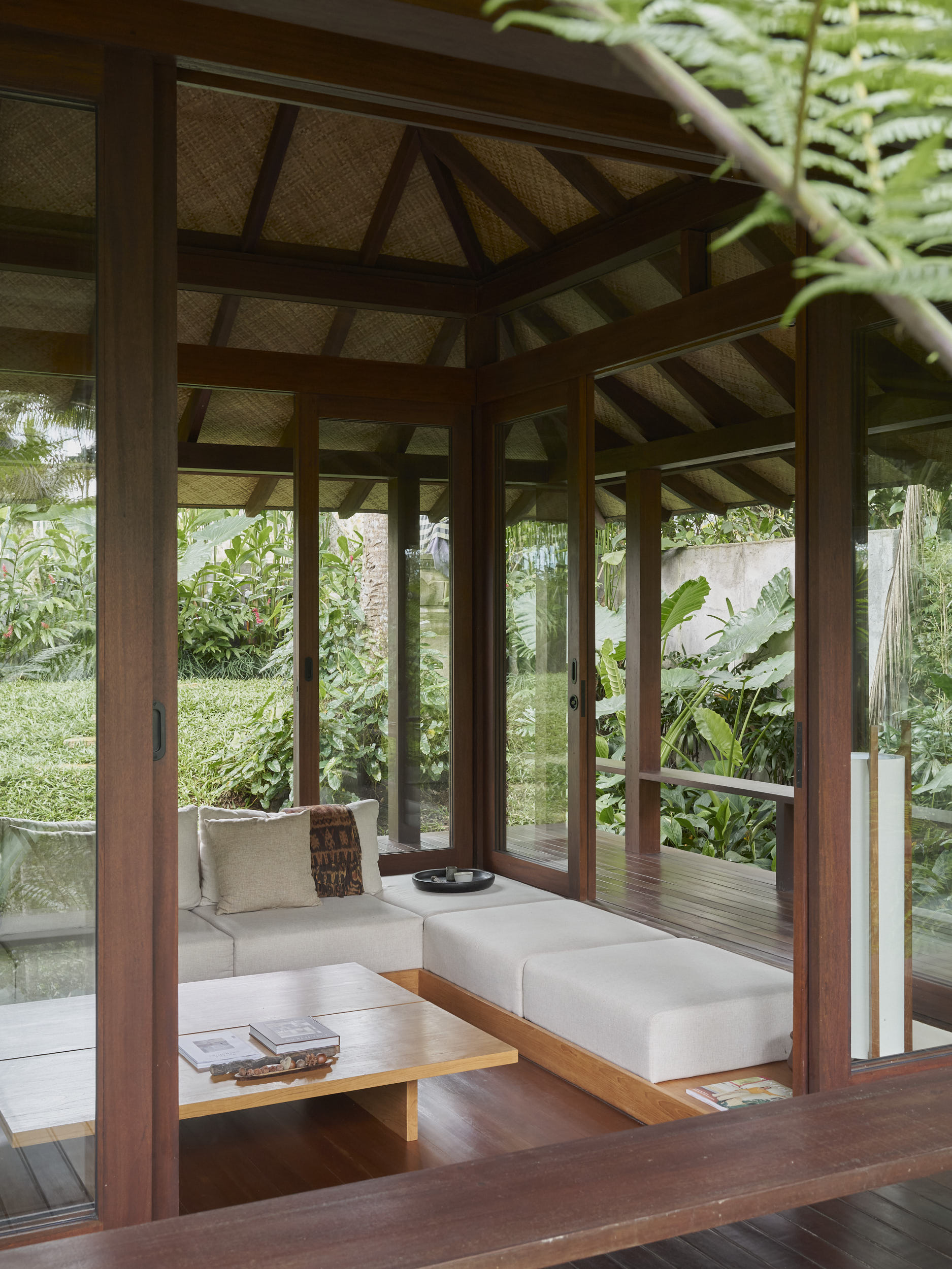 Living room of the house seen from the outdoor terrace