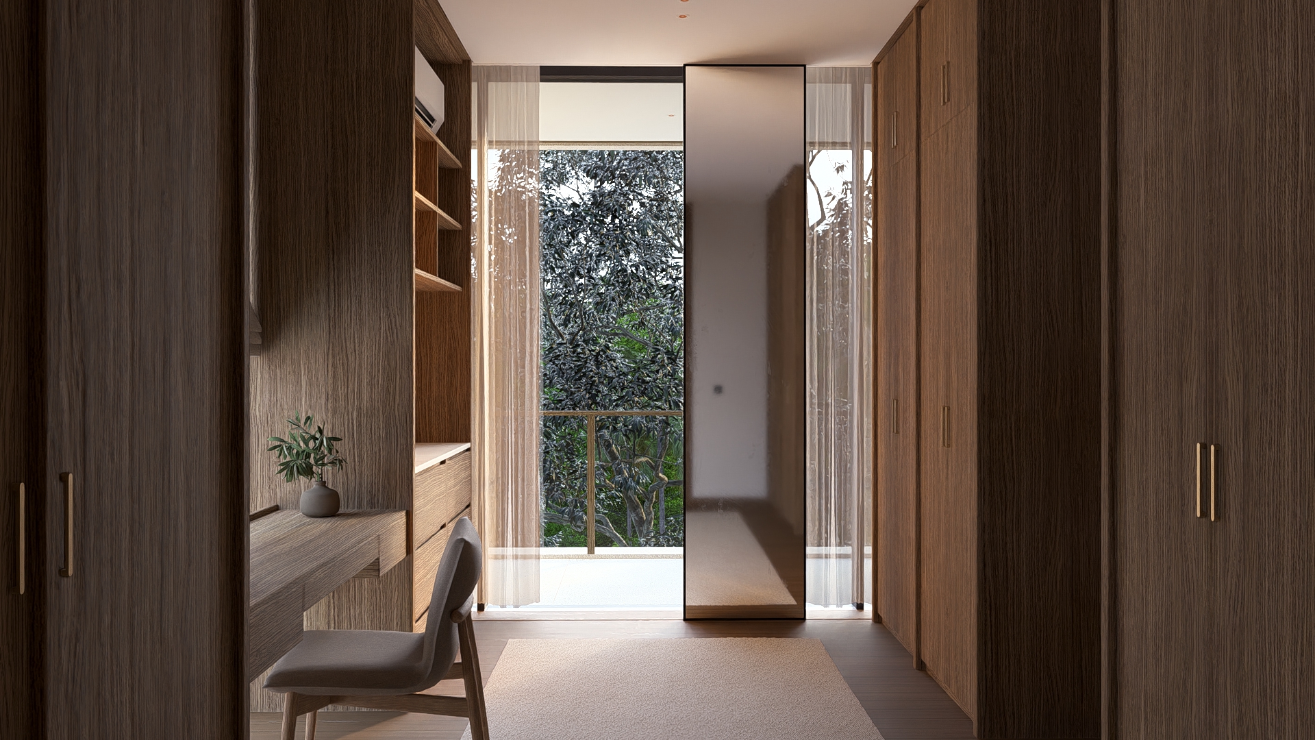 View of master walk in wardrobe at padang linjong residence showing cabinetry, make up table, a small pantry corner and full height mirror