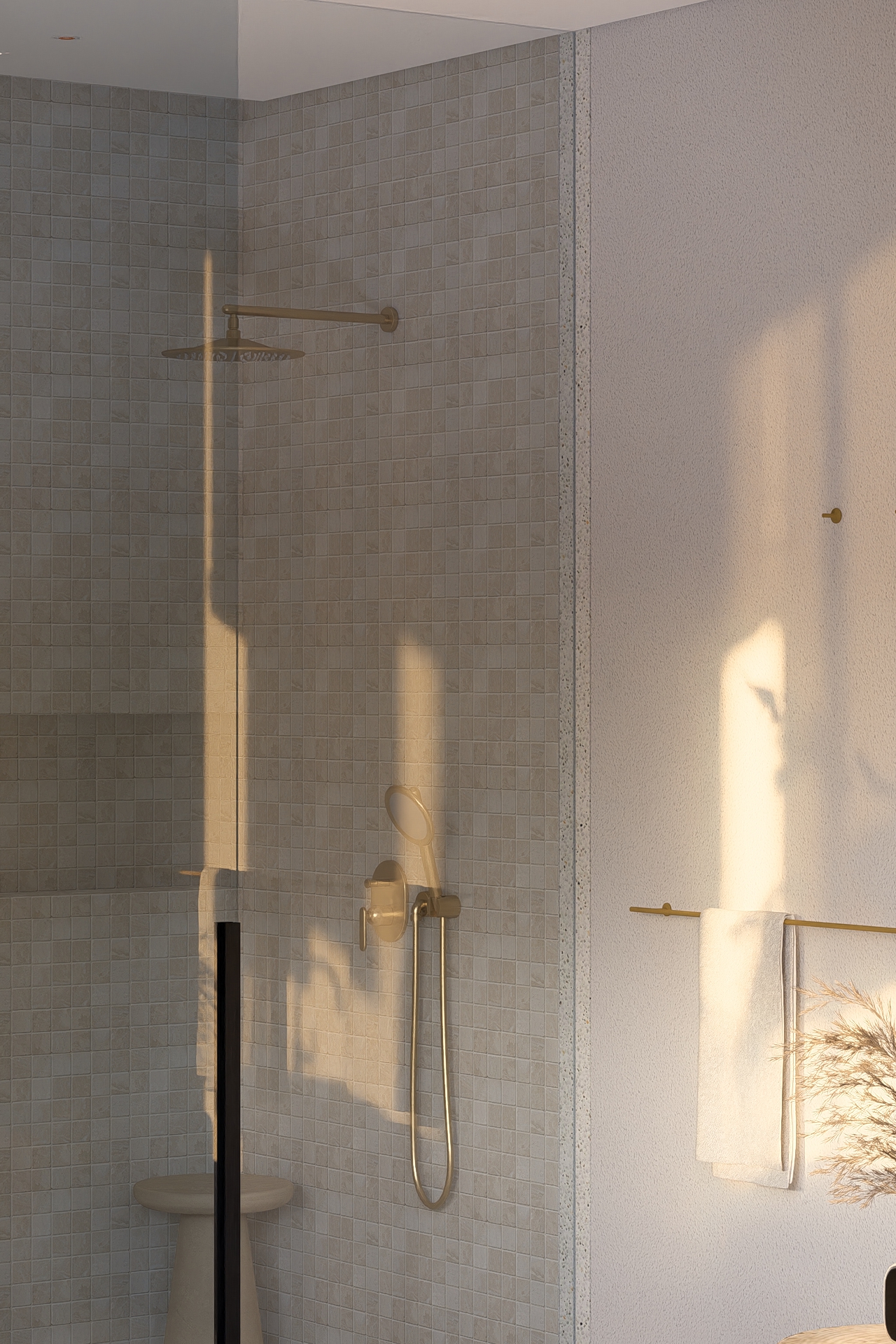 View of shower space at master bathroom finished in tumbled marble using brushed french gold sanitary ware 