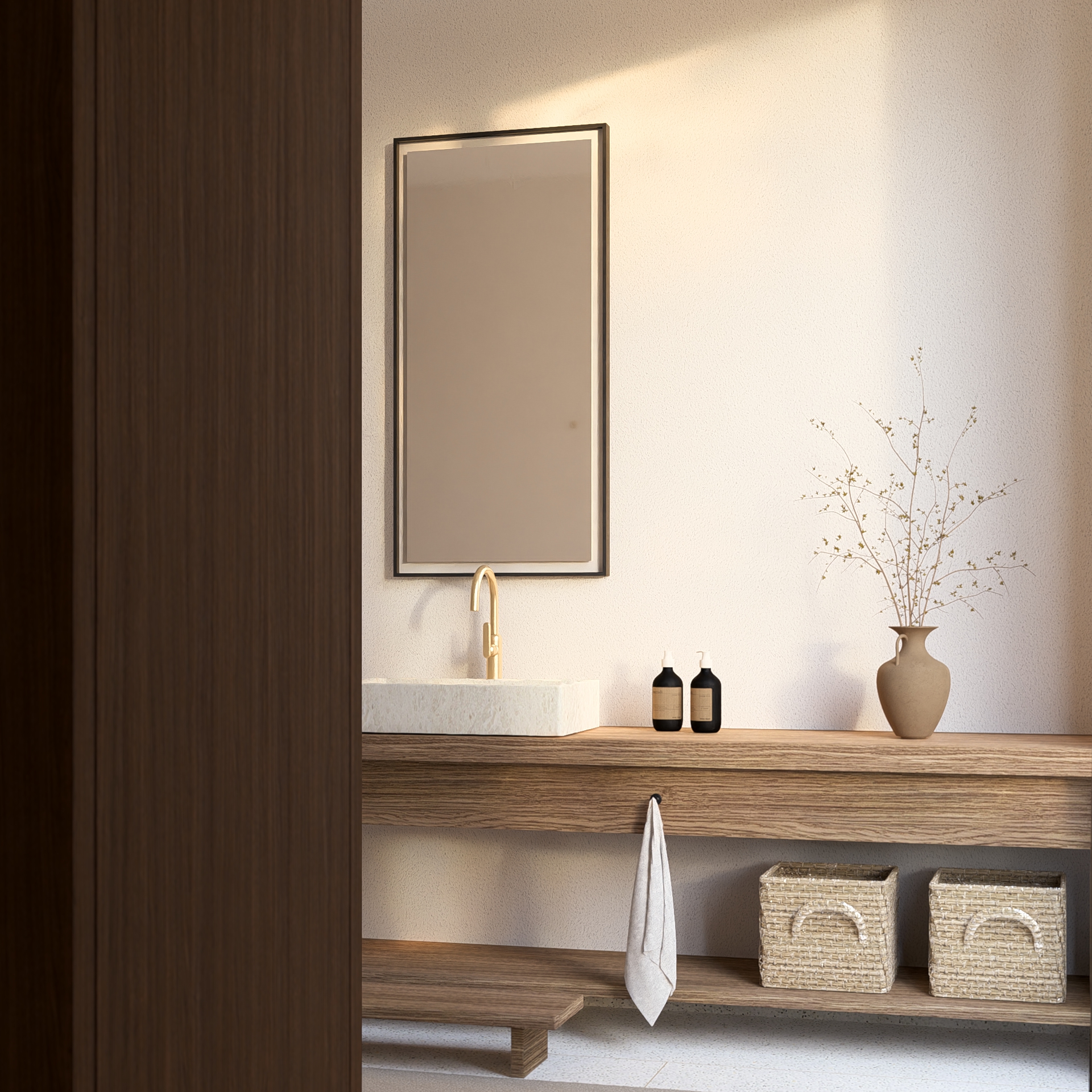 View of vanity counter in bedrooms with wooden counter and marble sink at padang linjong residence