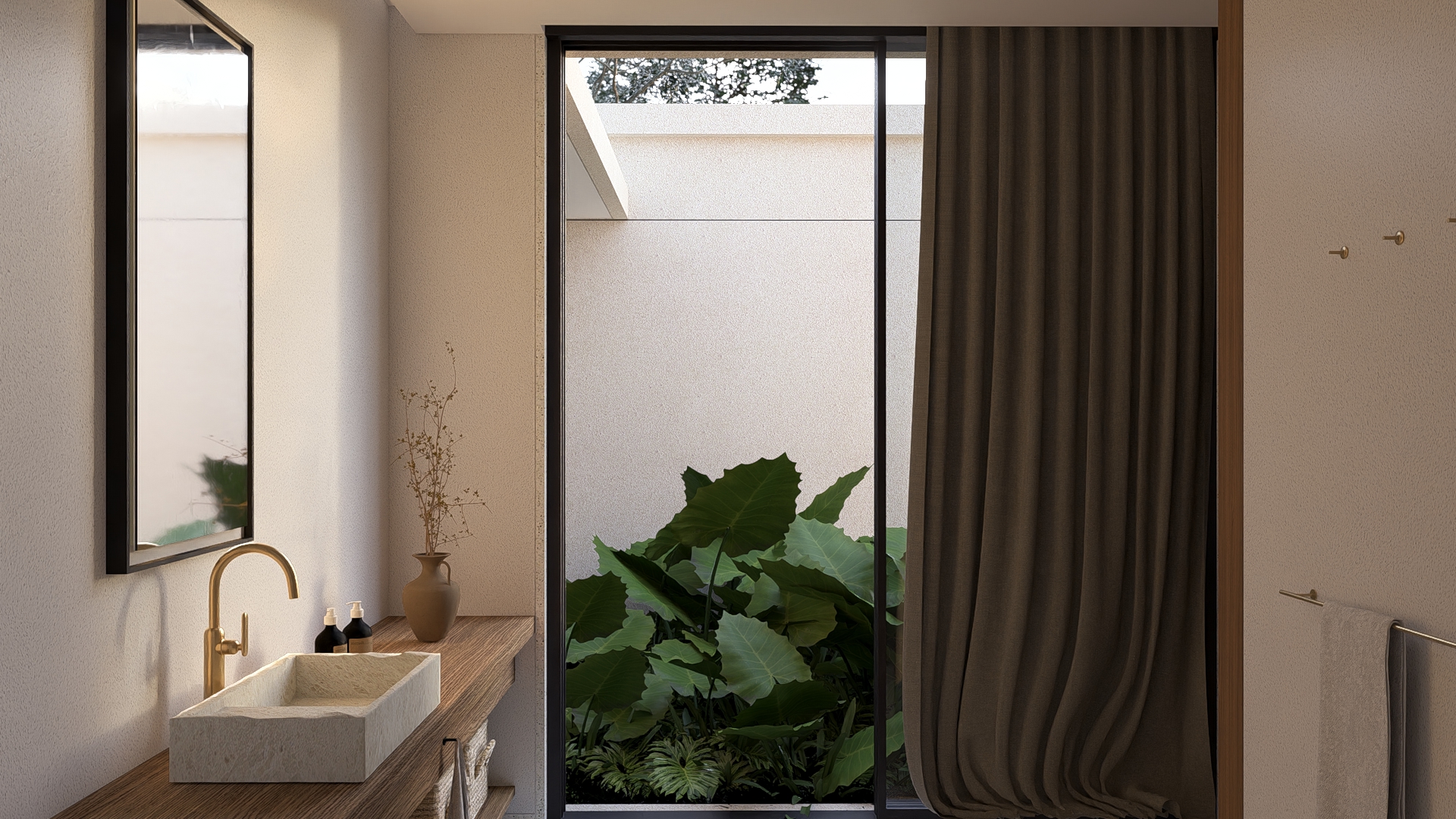 View of vanity counter in bathrooms with wooden counter and marble sink with large openings towards views