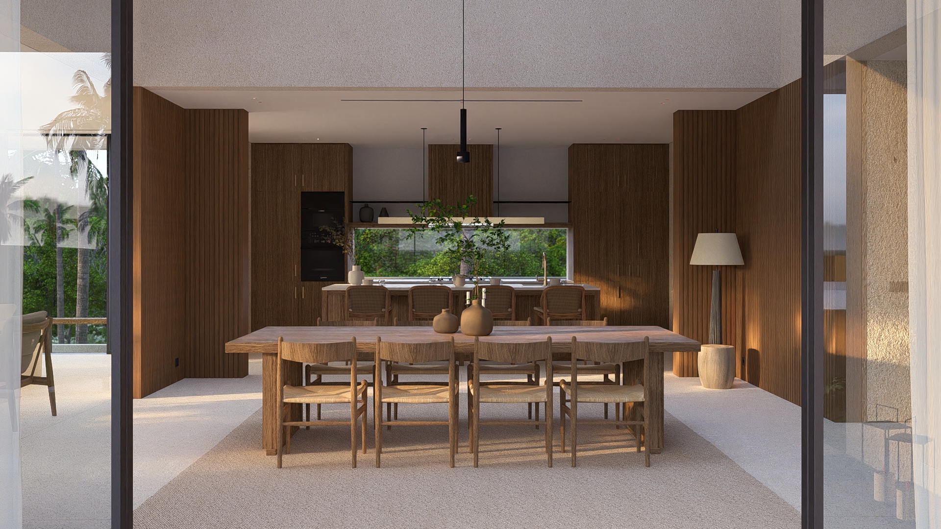 View of dining room and kitchen space seen from the side