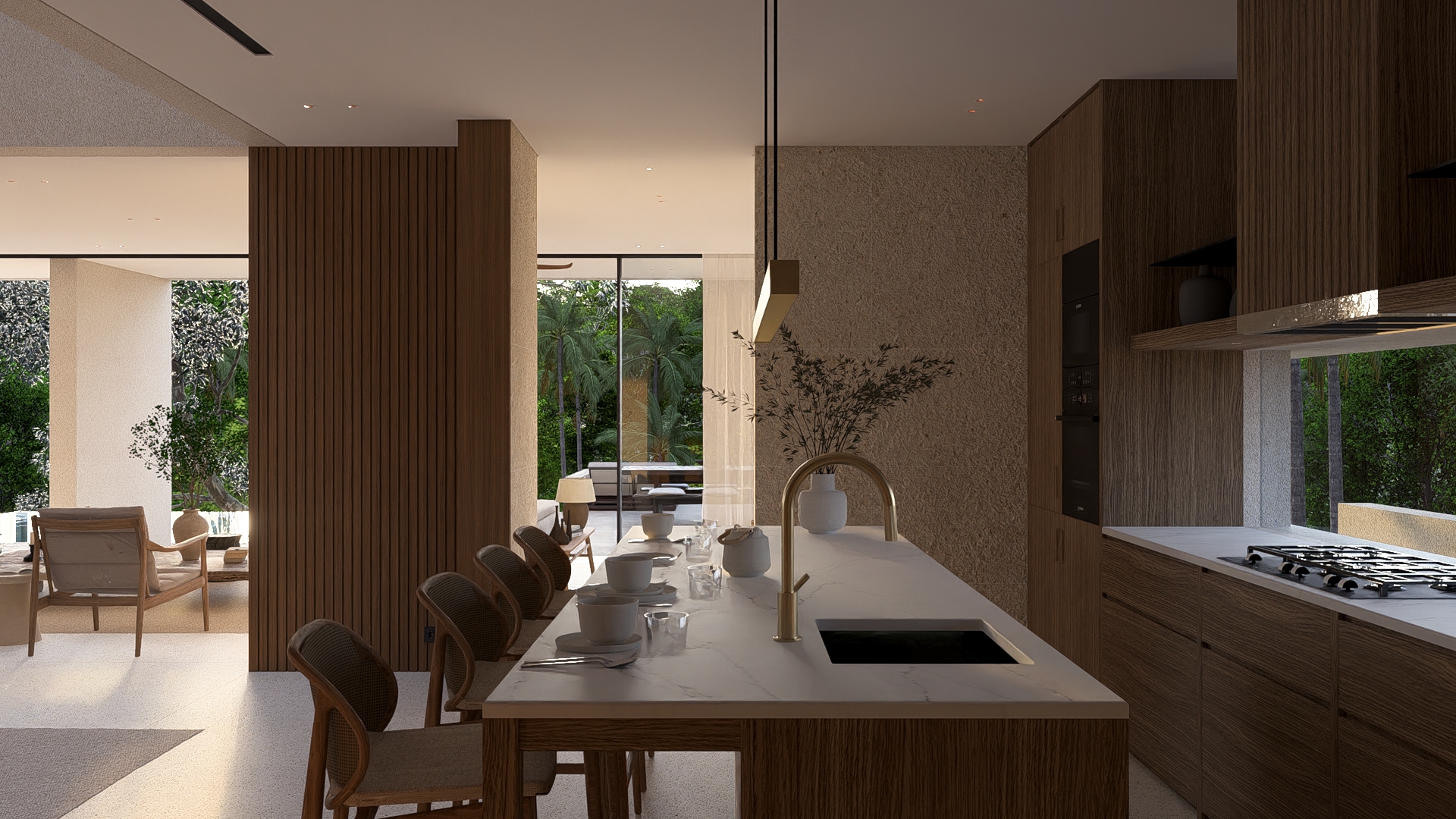 View of the kitchen island with 4 stools, white marble top, and brushed gold accents