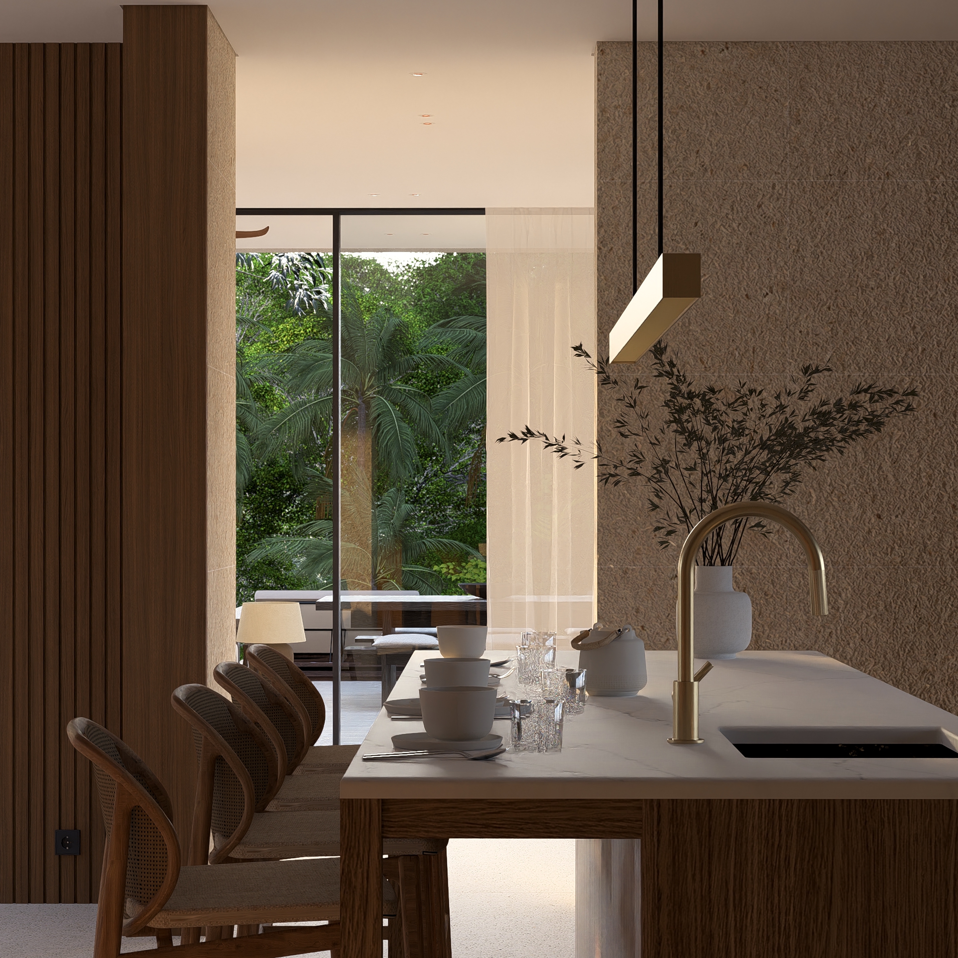 Close up of padang linjong residence kitchen island looking through the living room towards the pool deck