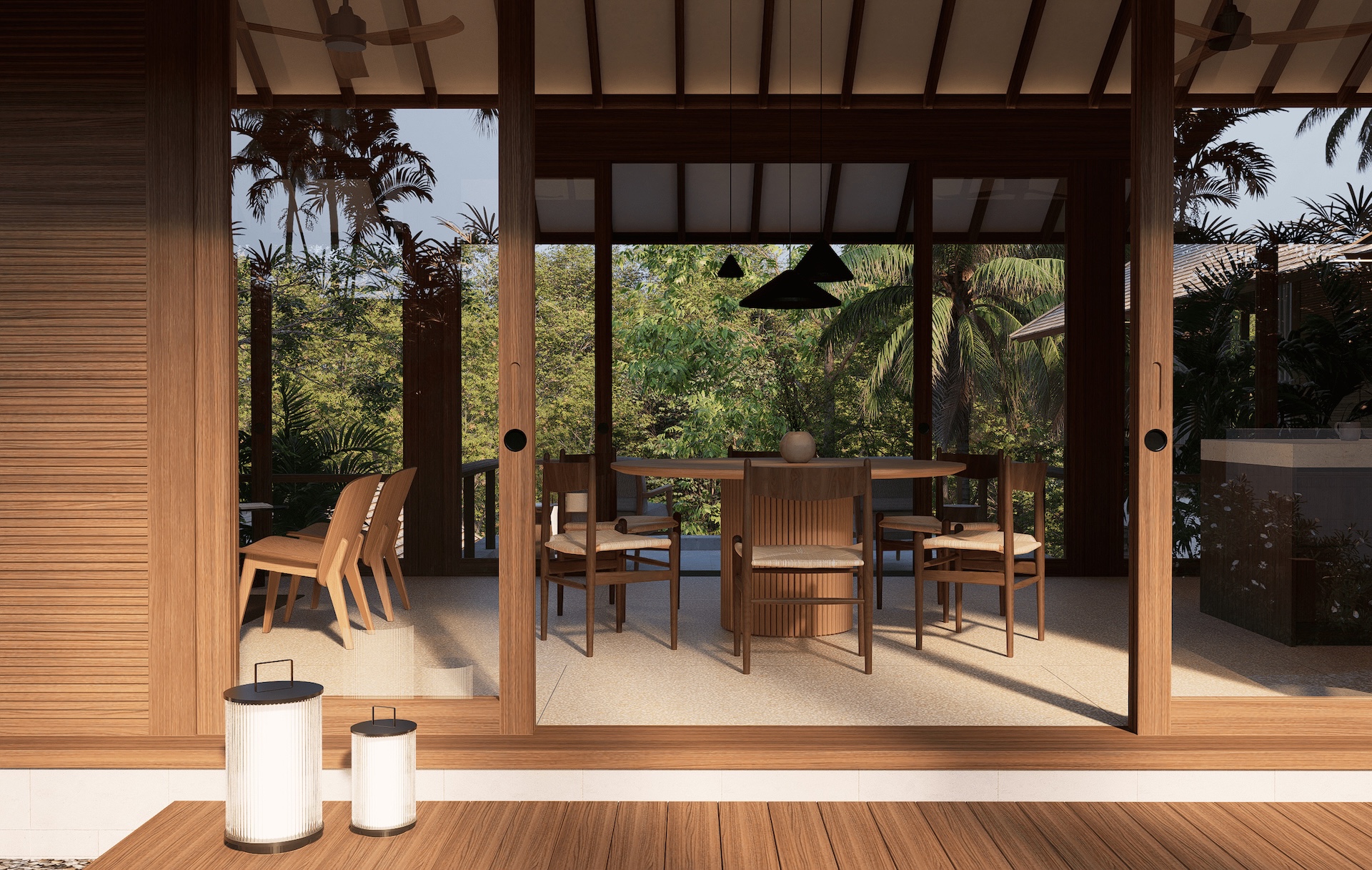 Dining room at rumah umadawa with view towards the valley