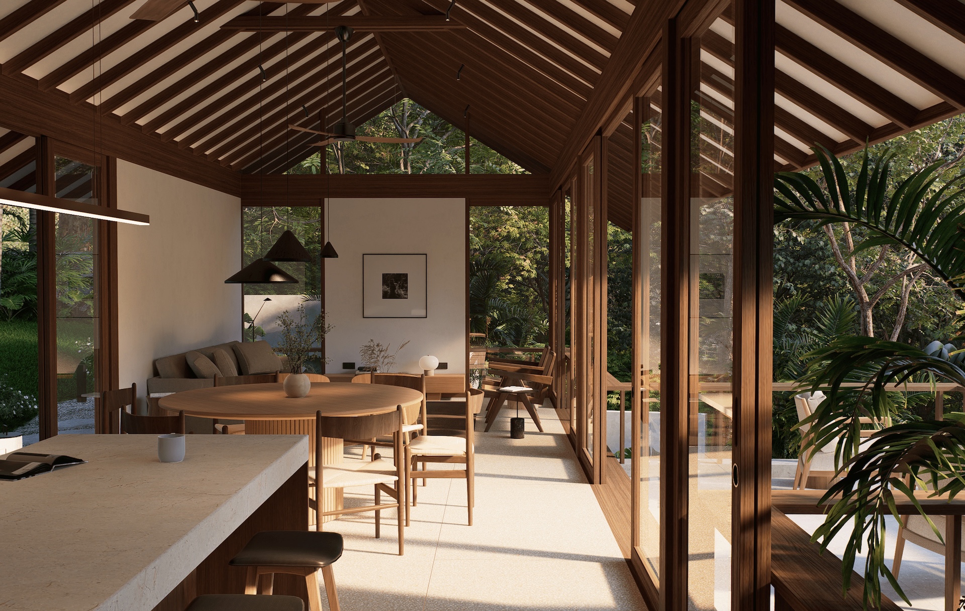 View of the great room at rumah umadawa showing kitchen island, dining room and living room space