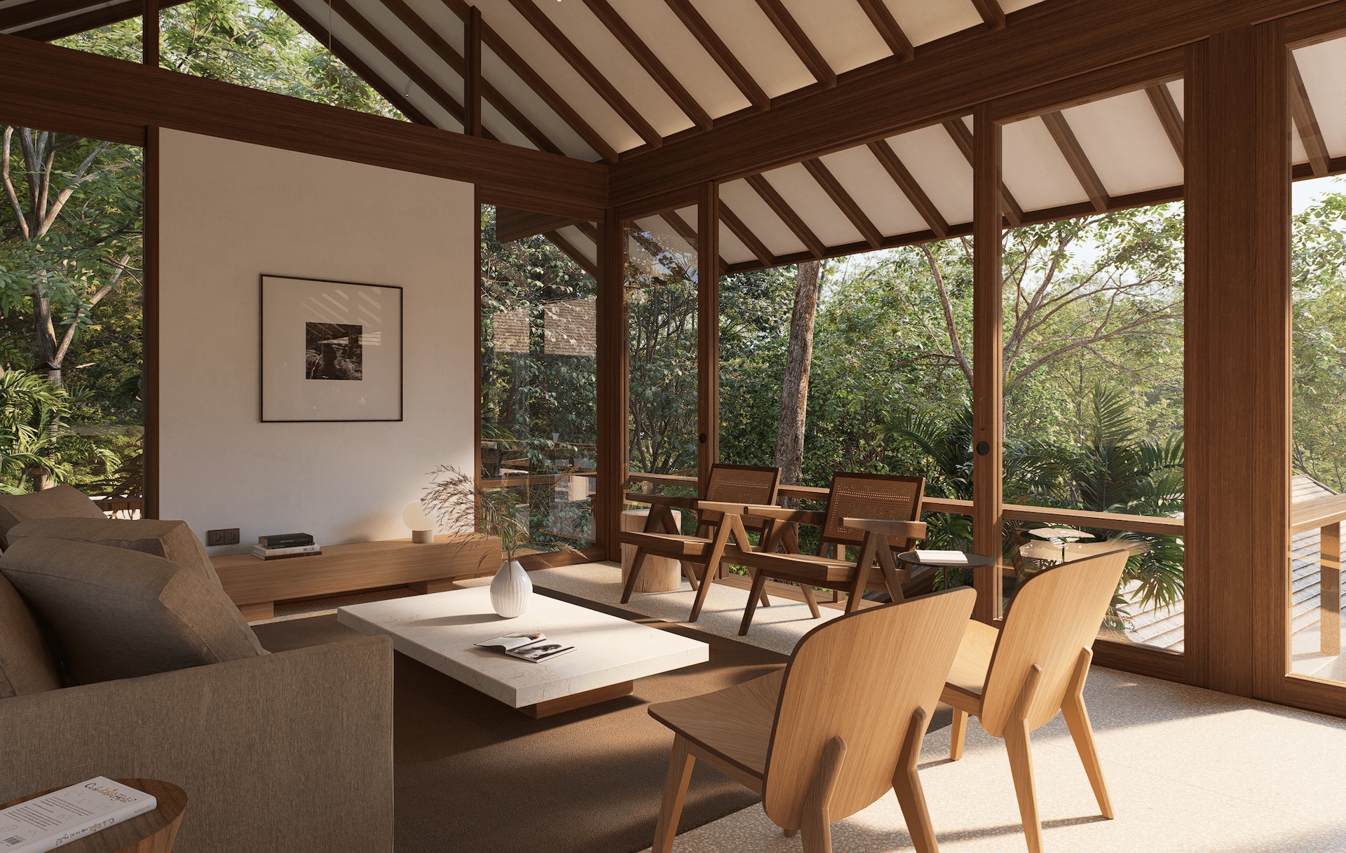 Side view of living room with large openings towards the surroundings and solid marble coffee table