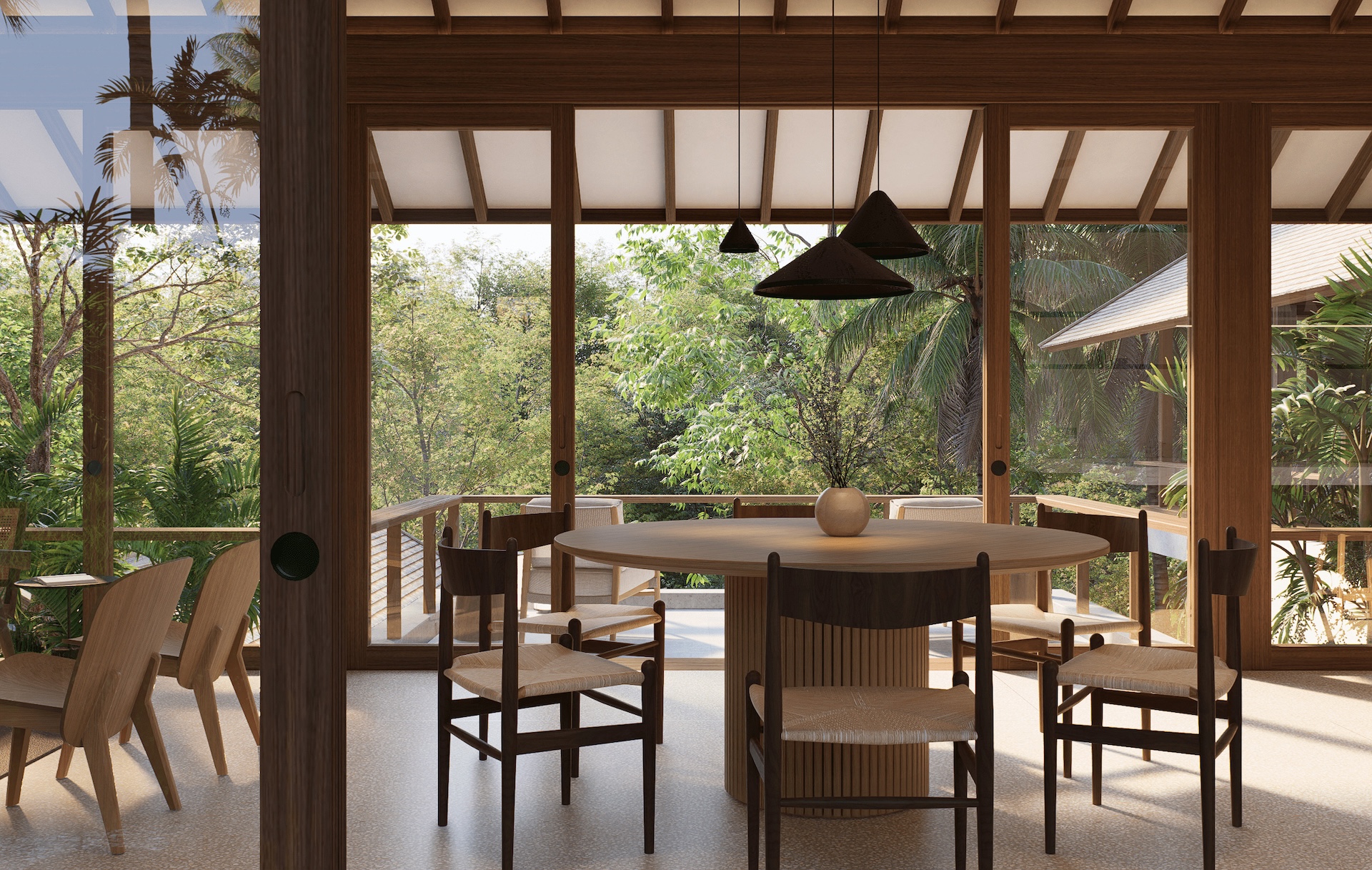 View of round wooden dining table at rumah umadawa