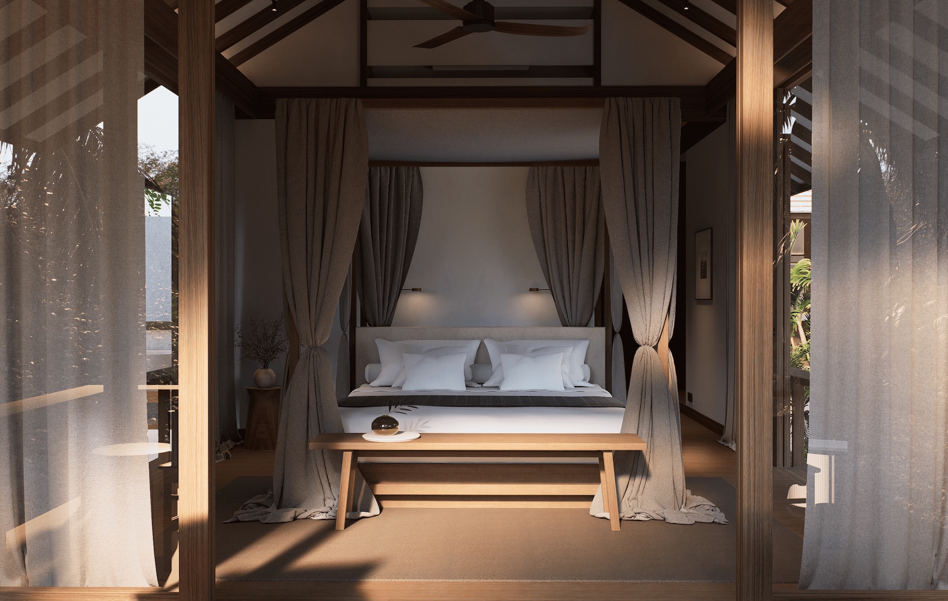 View of master bedroom from master terrace showing bed frame, a bench, and wooden sliding windows