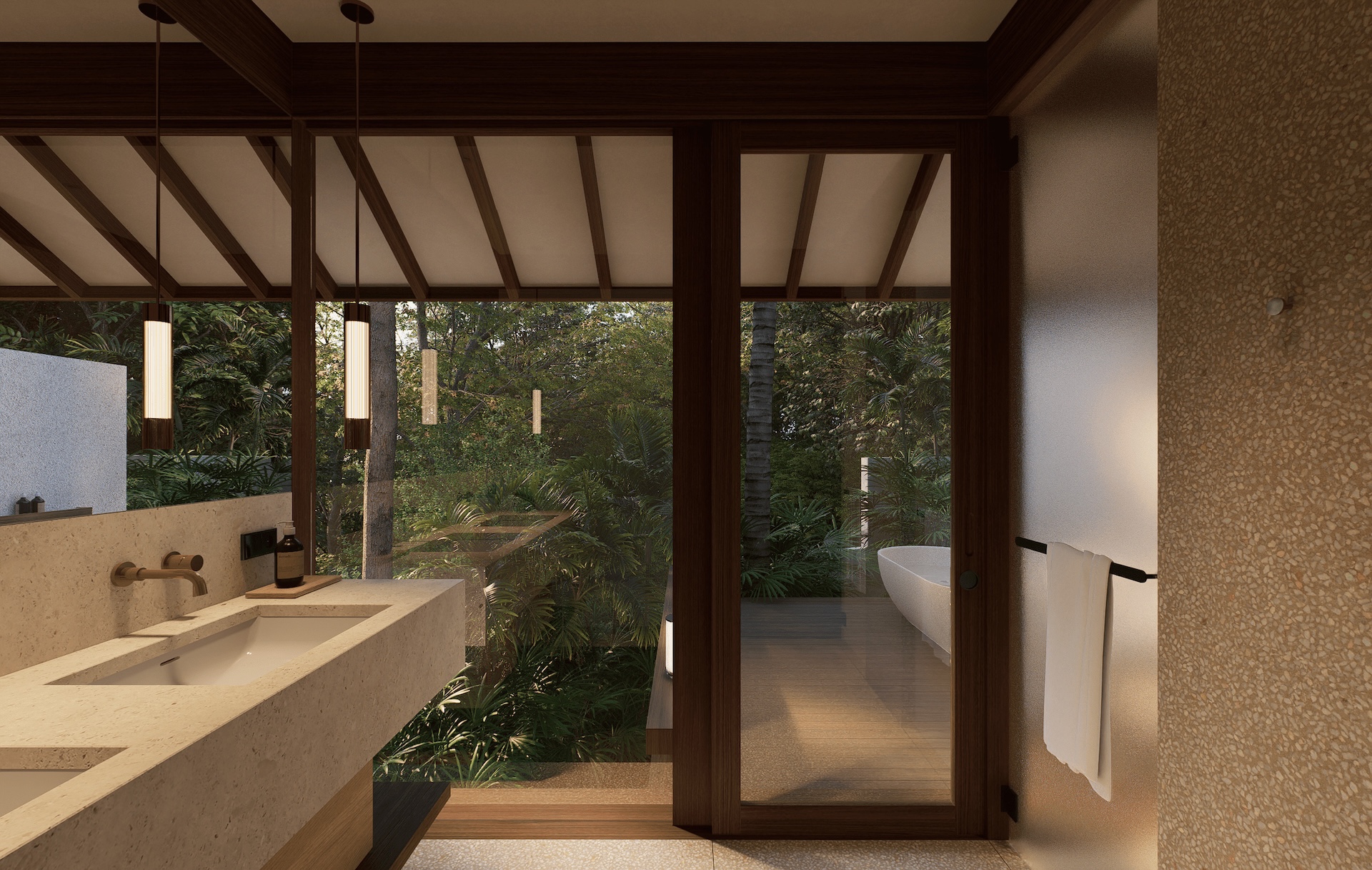 View of master bathroom with double sink configuration and shower glass door looking towards the exterior gardens