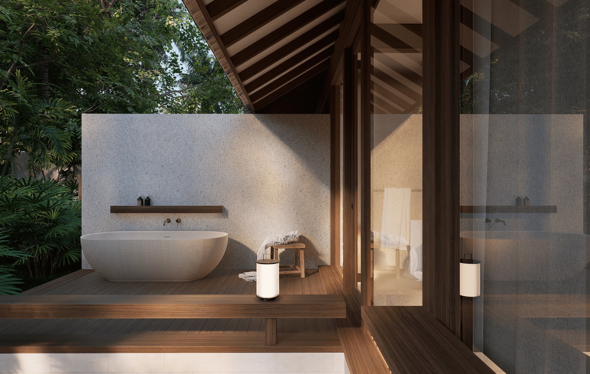 View of master bathroom bathtub deck area connected with the surrounding landscape