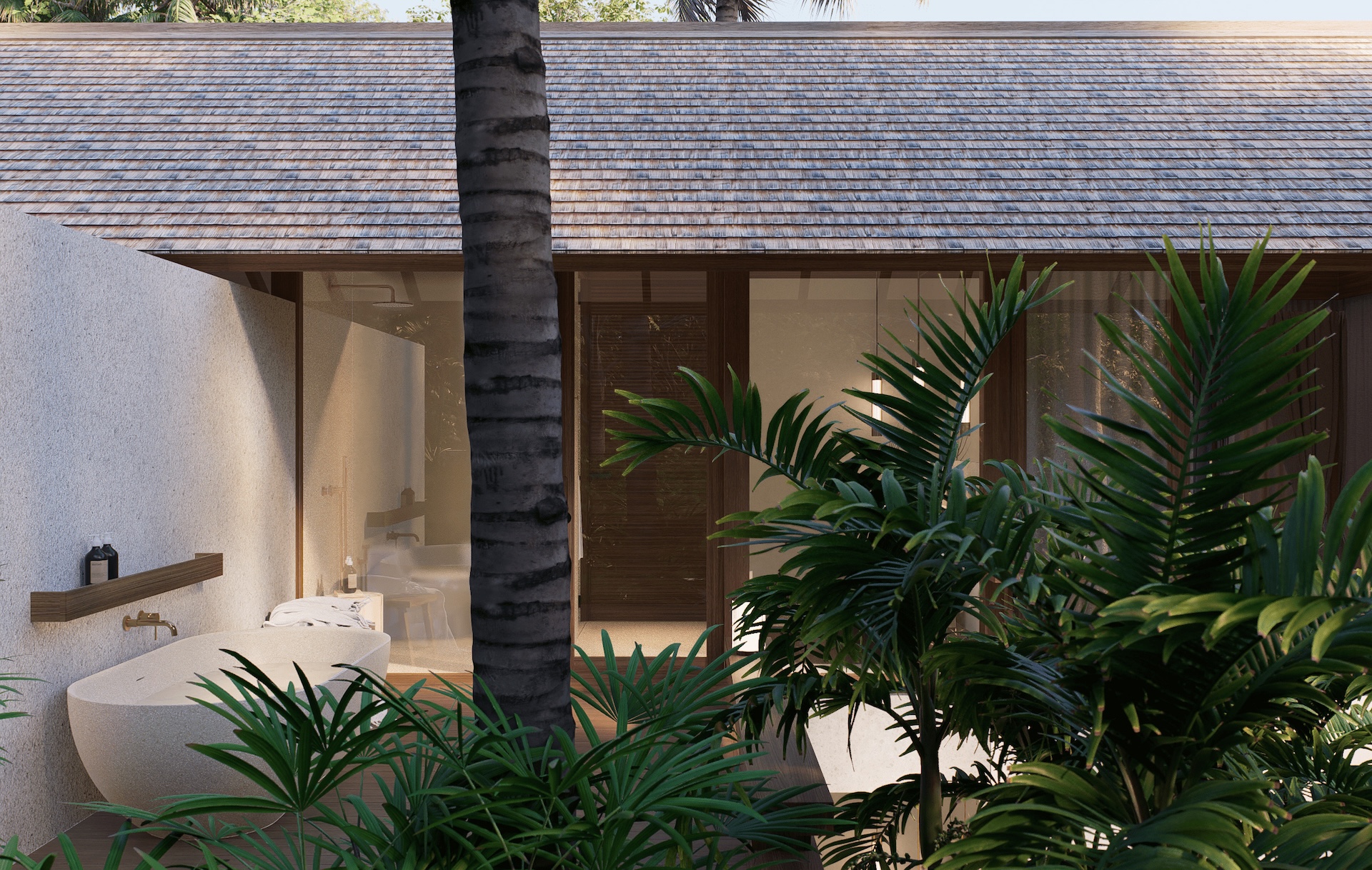 View of master bathroom with outdoor bathtub and full glass openings of rumah umadawa