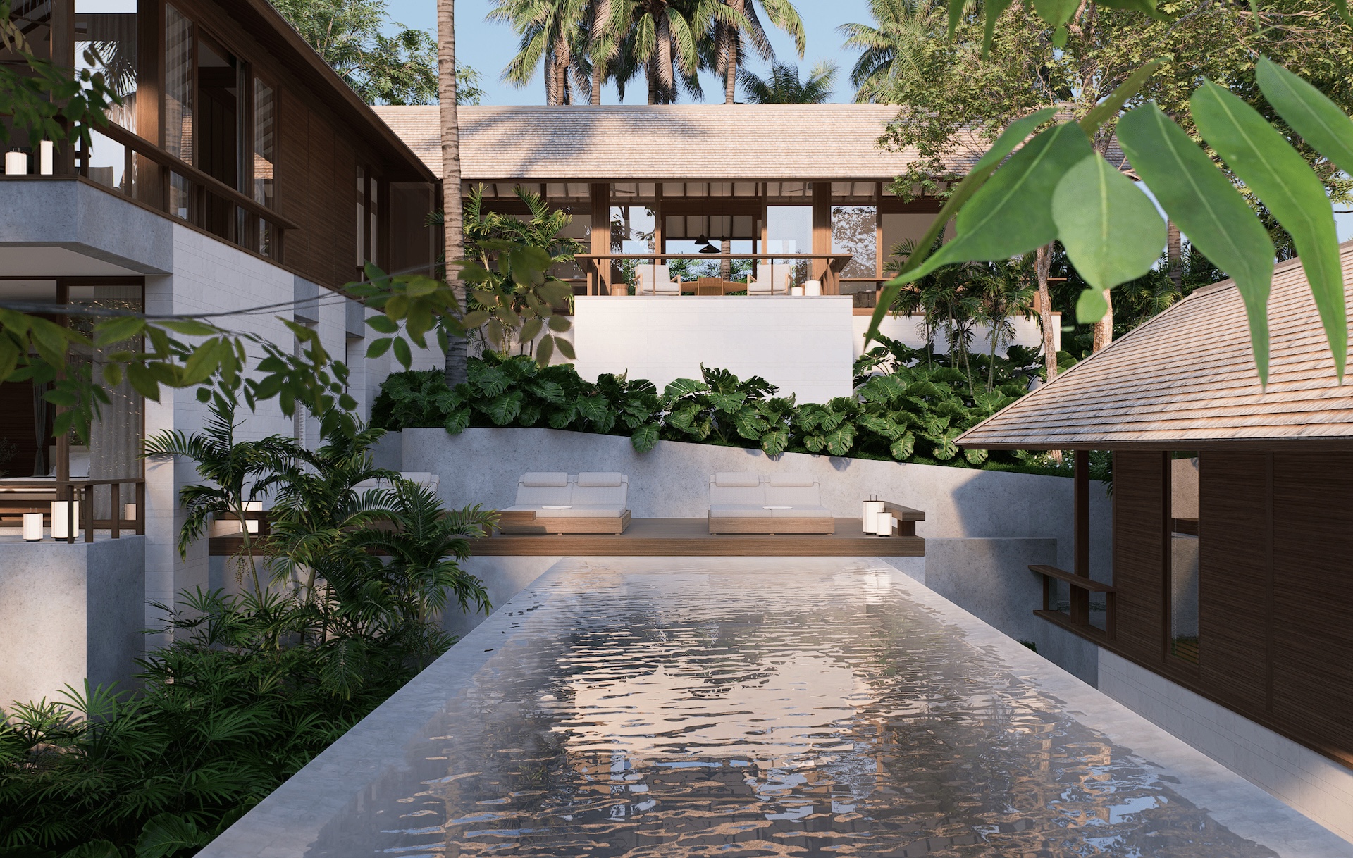 Swimming pool view of rumah umadawa looking towards the house from the edge of the pool