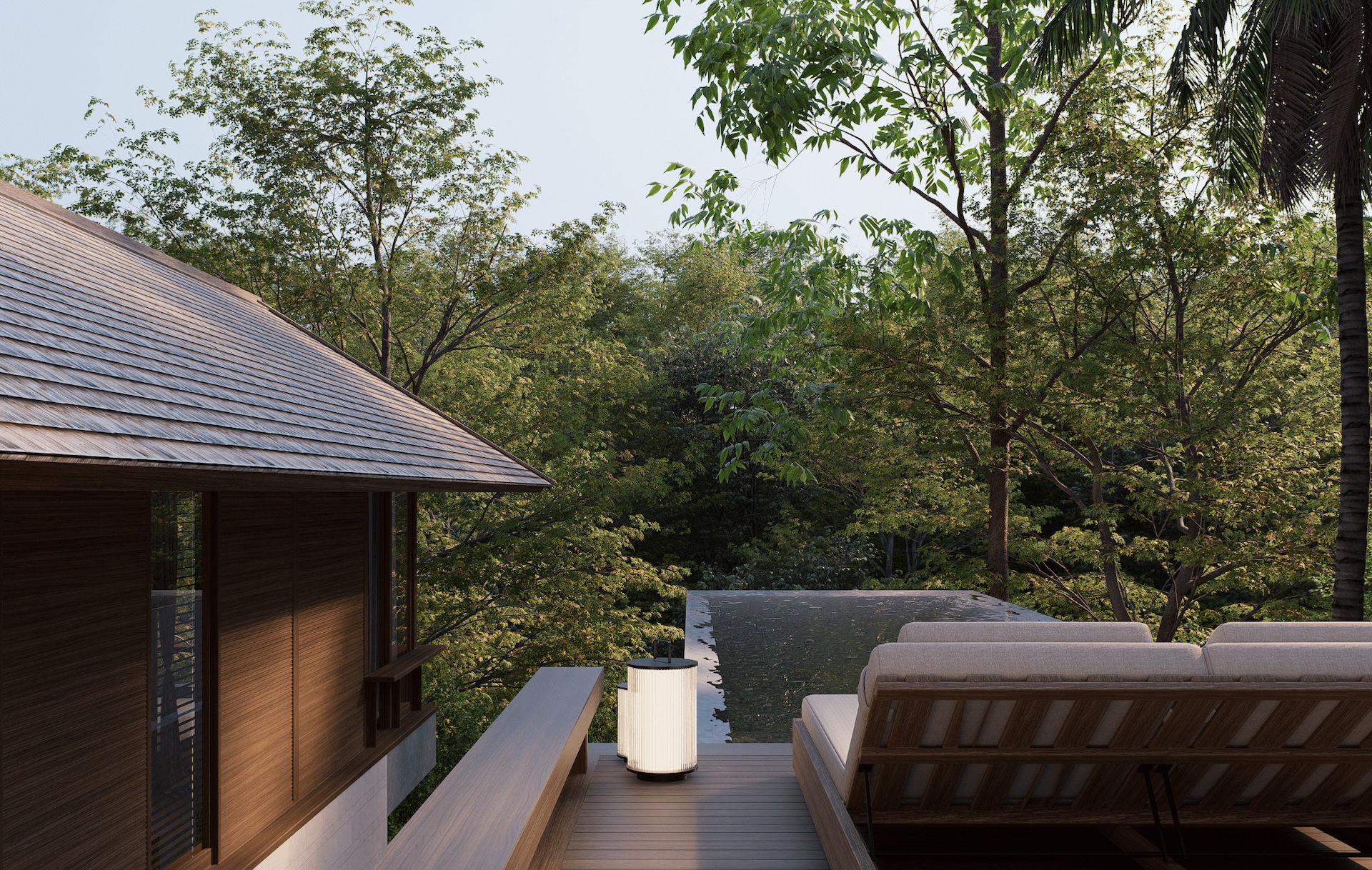 Swimming pool view of rumah umadawa showing pool extruding into the landscape along side the guest pavilion