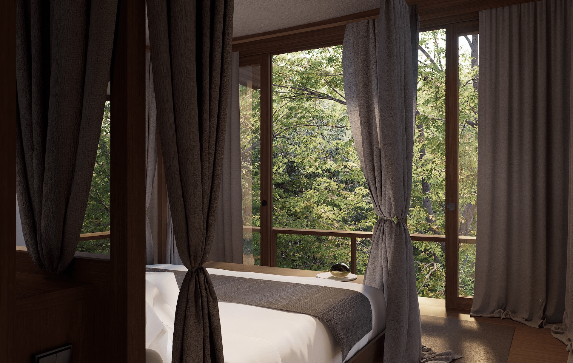 View from master bedroom looking outside through wooden sliding windows