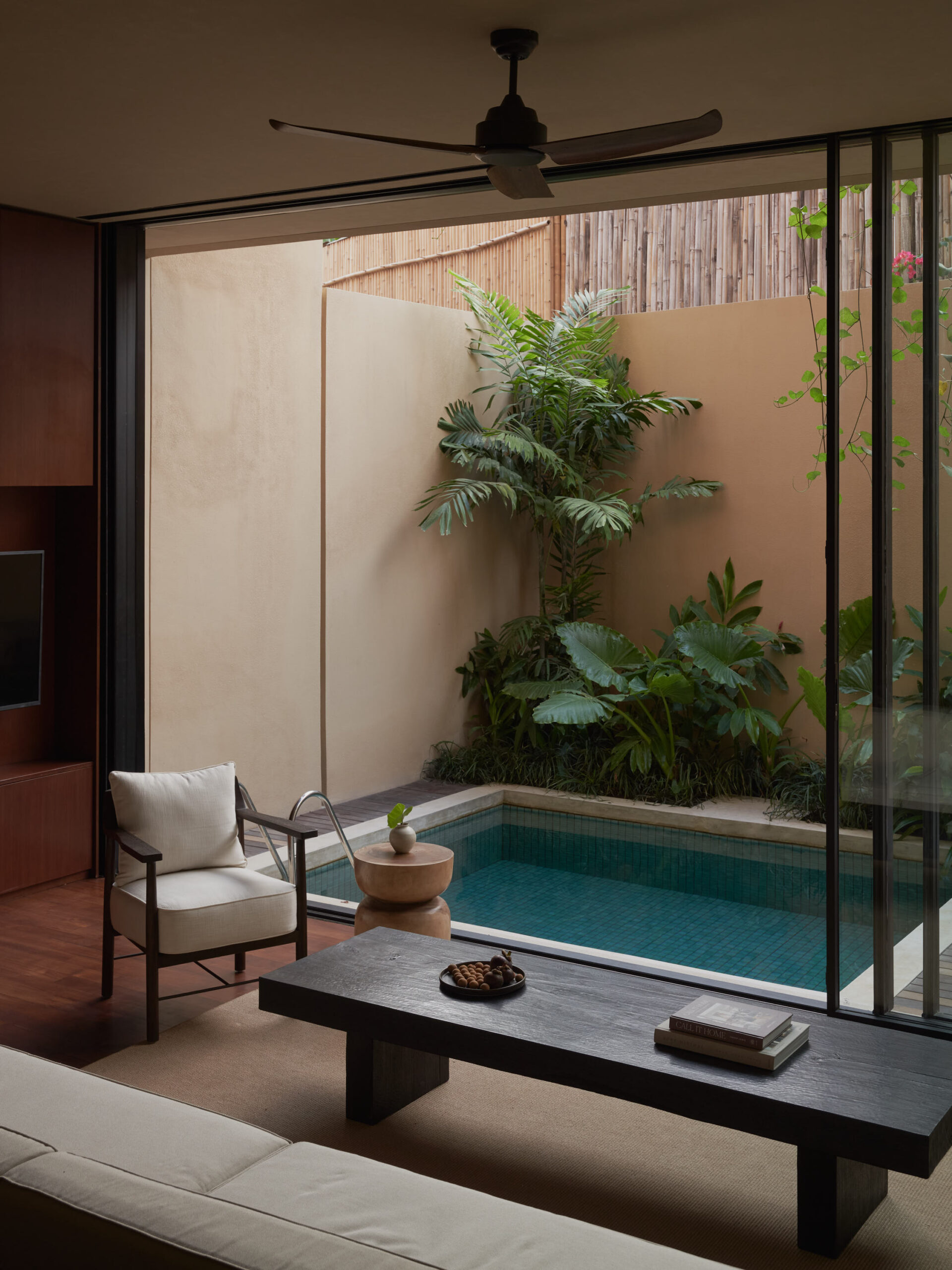View from the living room looking towards the swimming pool and back garden at leaf berawa