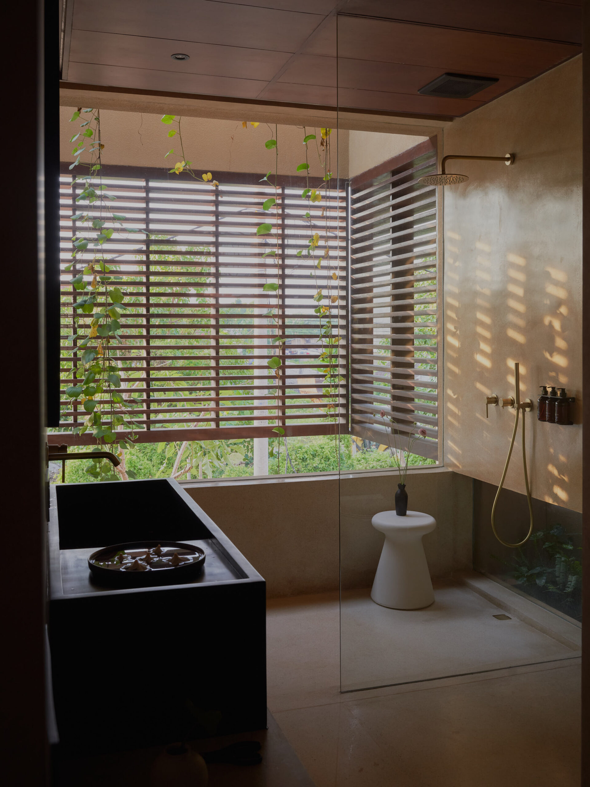View of the master bathroom showing the shower space and the connection with the outdoors