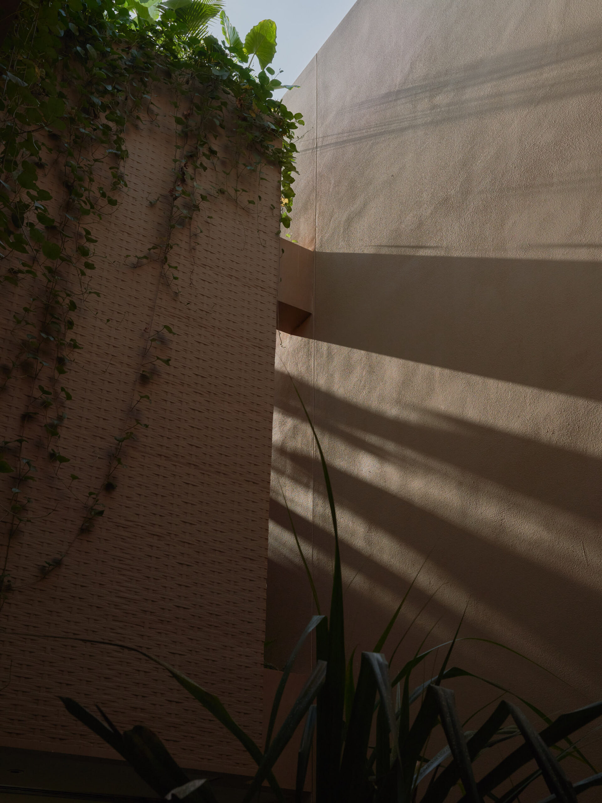 Architectural design detail at leaf berawa showing the gap penetrated by morning light between the building and the boundary wall