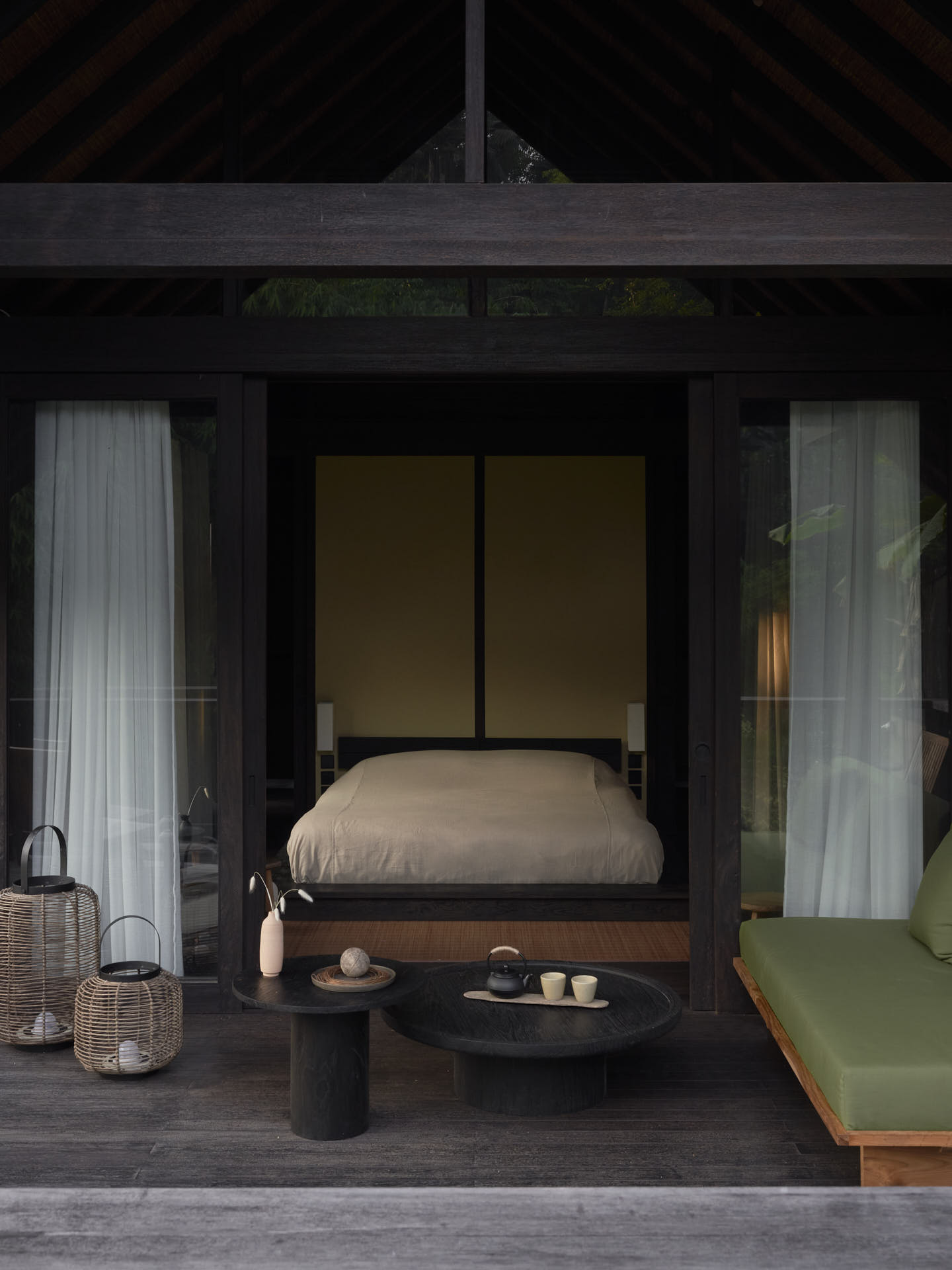 Vertical view of bedroom pavilion from outside looking inwards overlooking the balcony