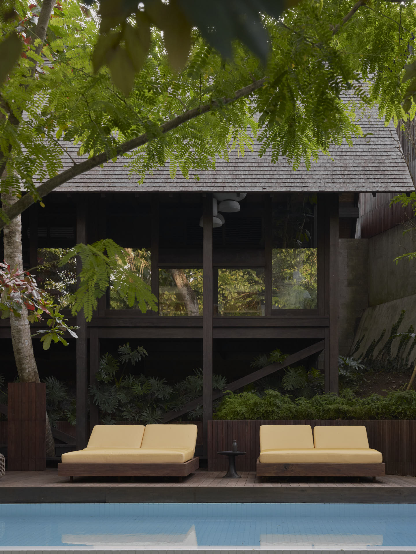 Vertical frontal view of main pavilion from pool