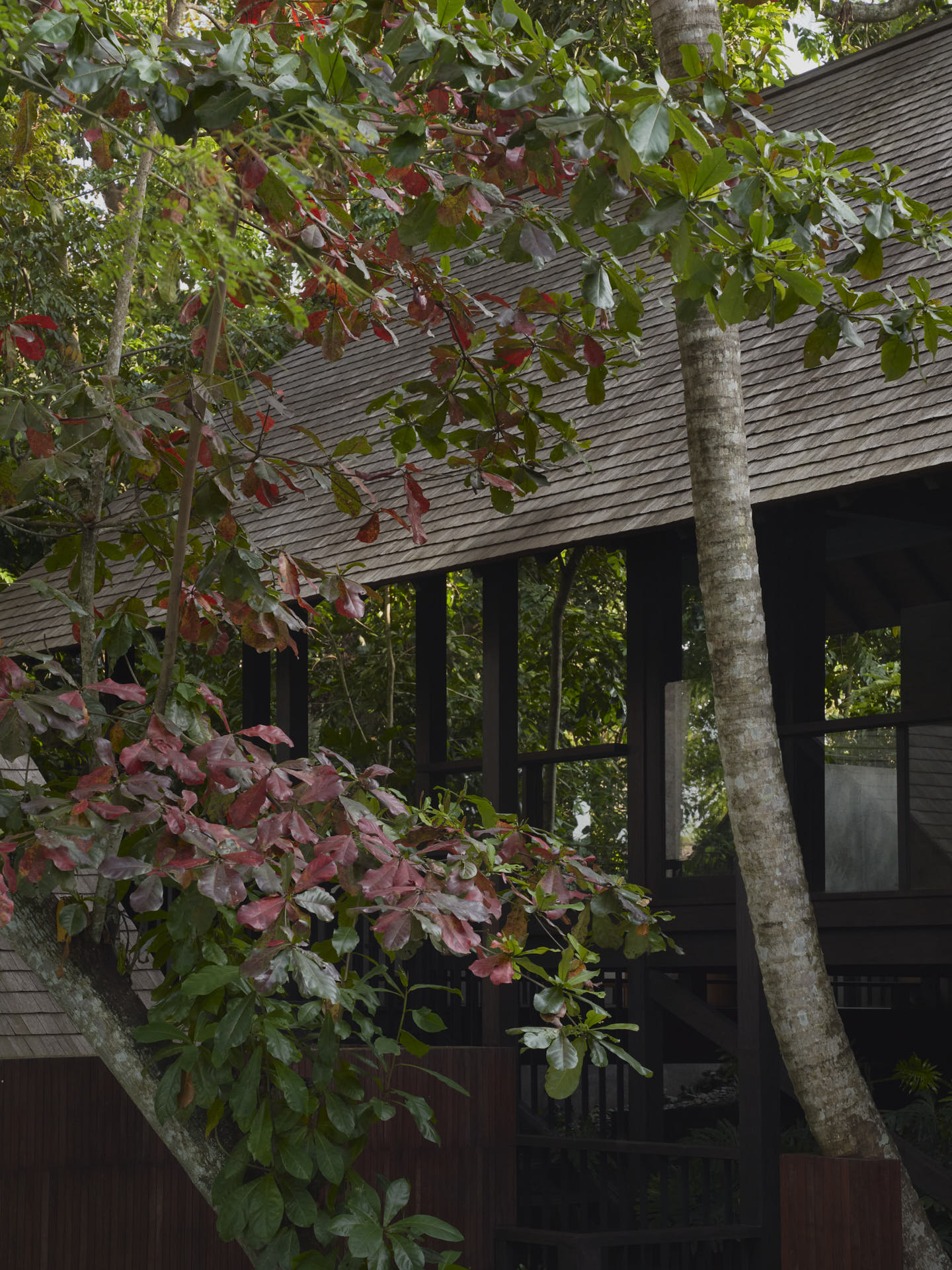 Close up view of stacking roofs between pavilions