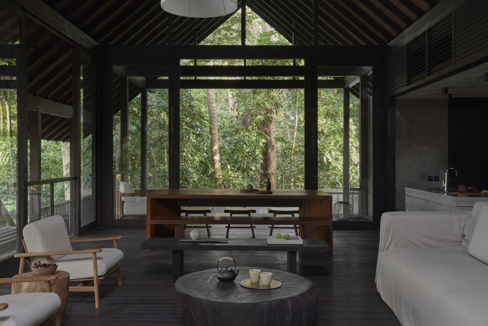 Interior view of Rumah Lituhayu living, dining and kitchen space