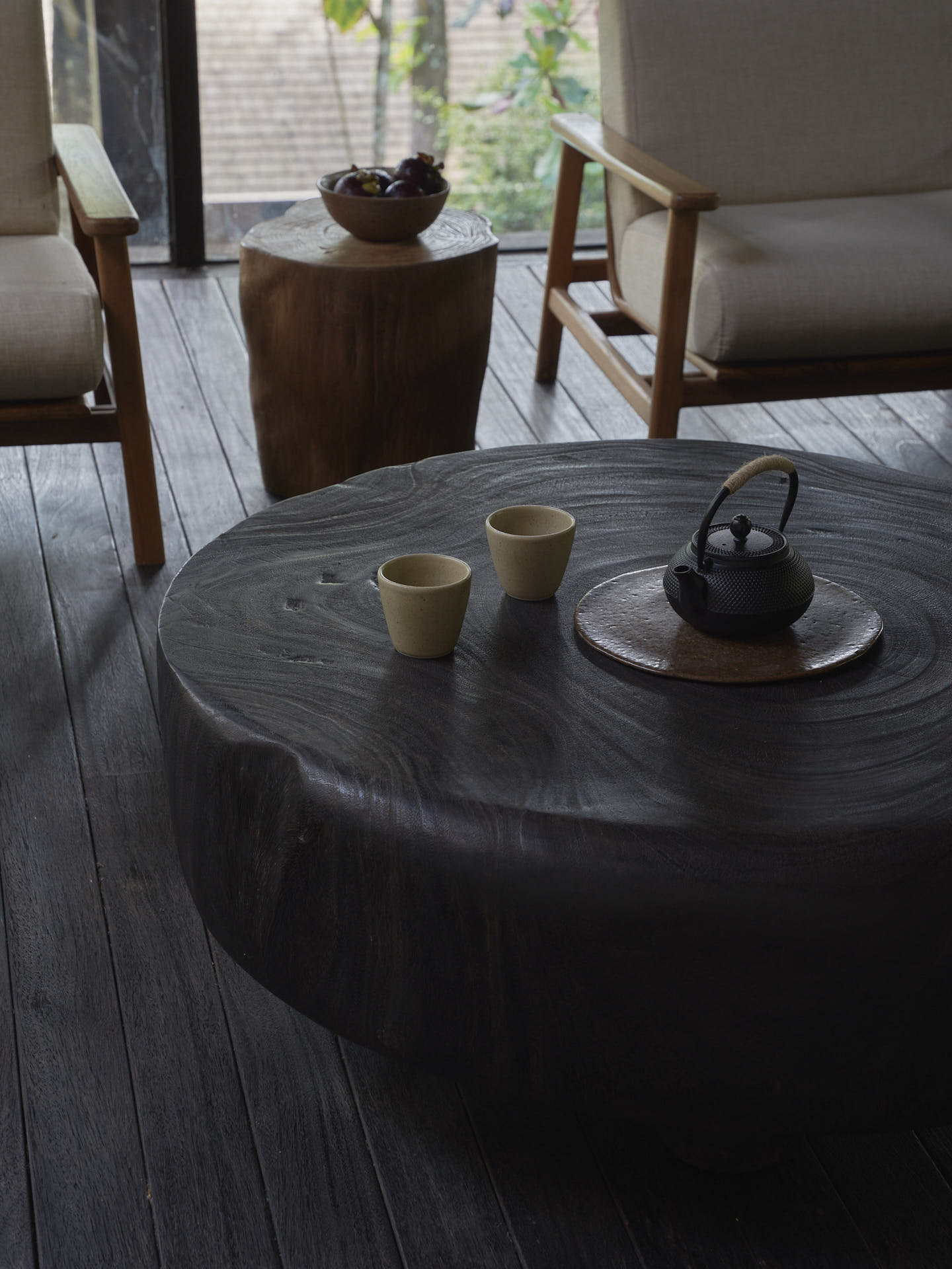 Detail of coffee table using solid wood stump