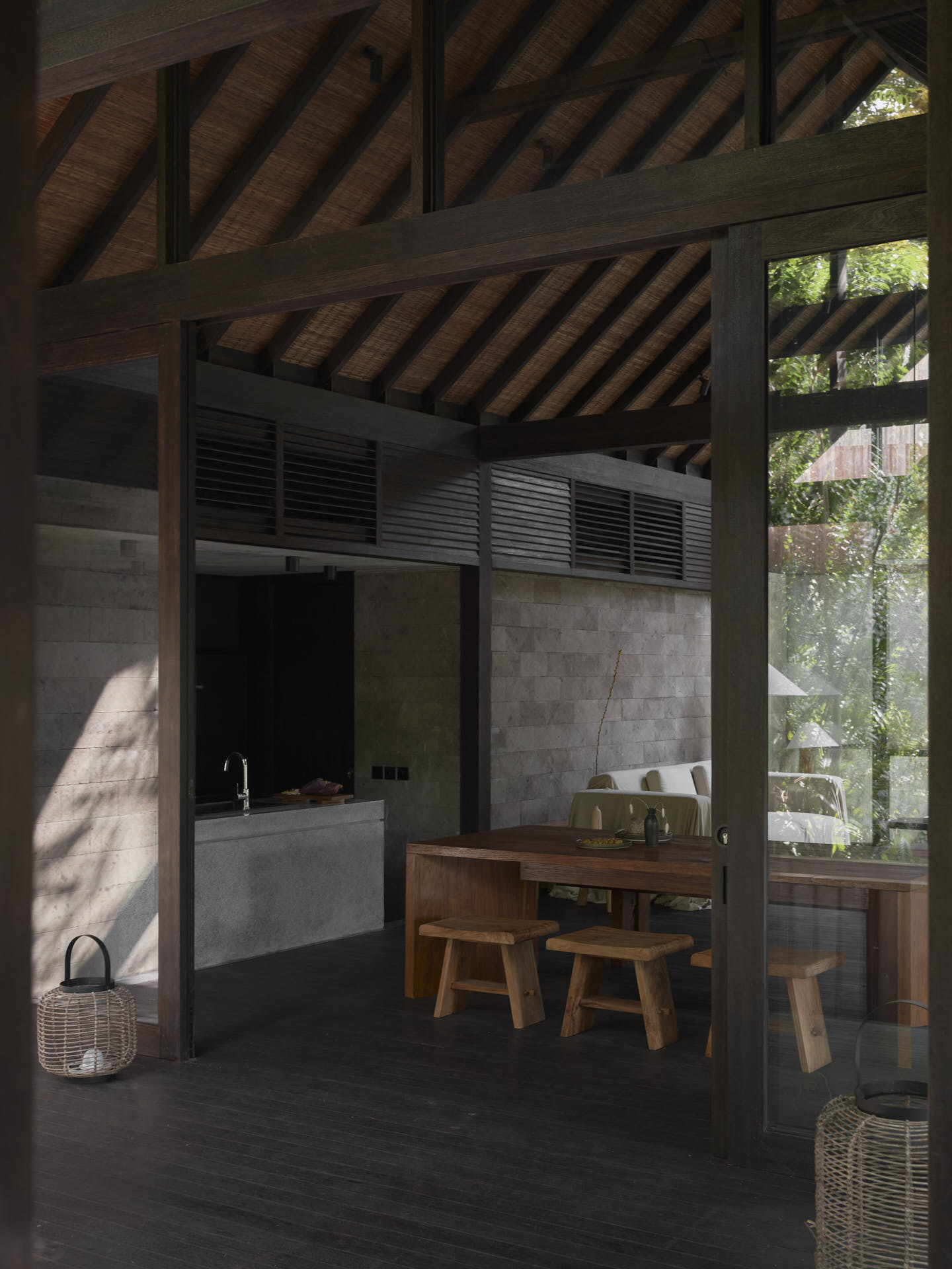 View from entrance balcony into dining room and kitchen space