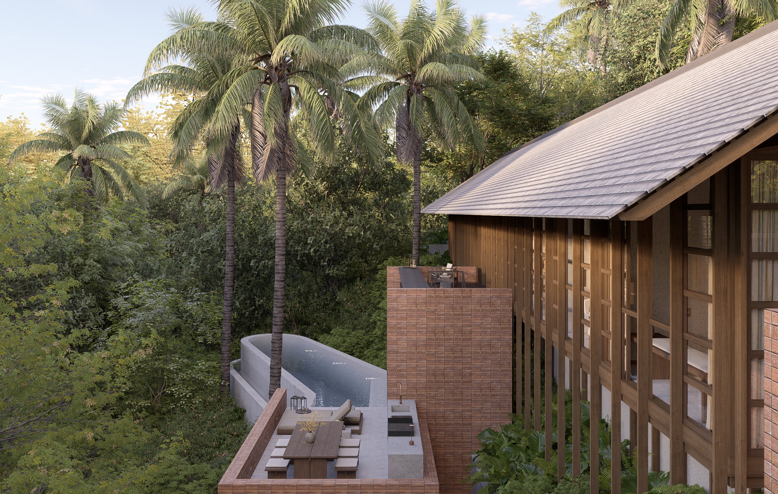 Aerial view of Rumah Molana showing pool and outdoor dining area