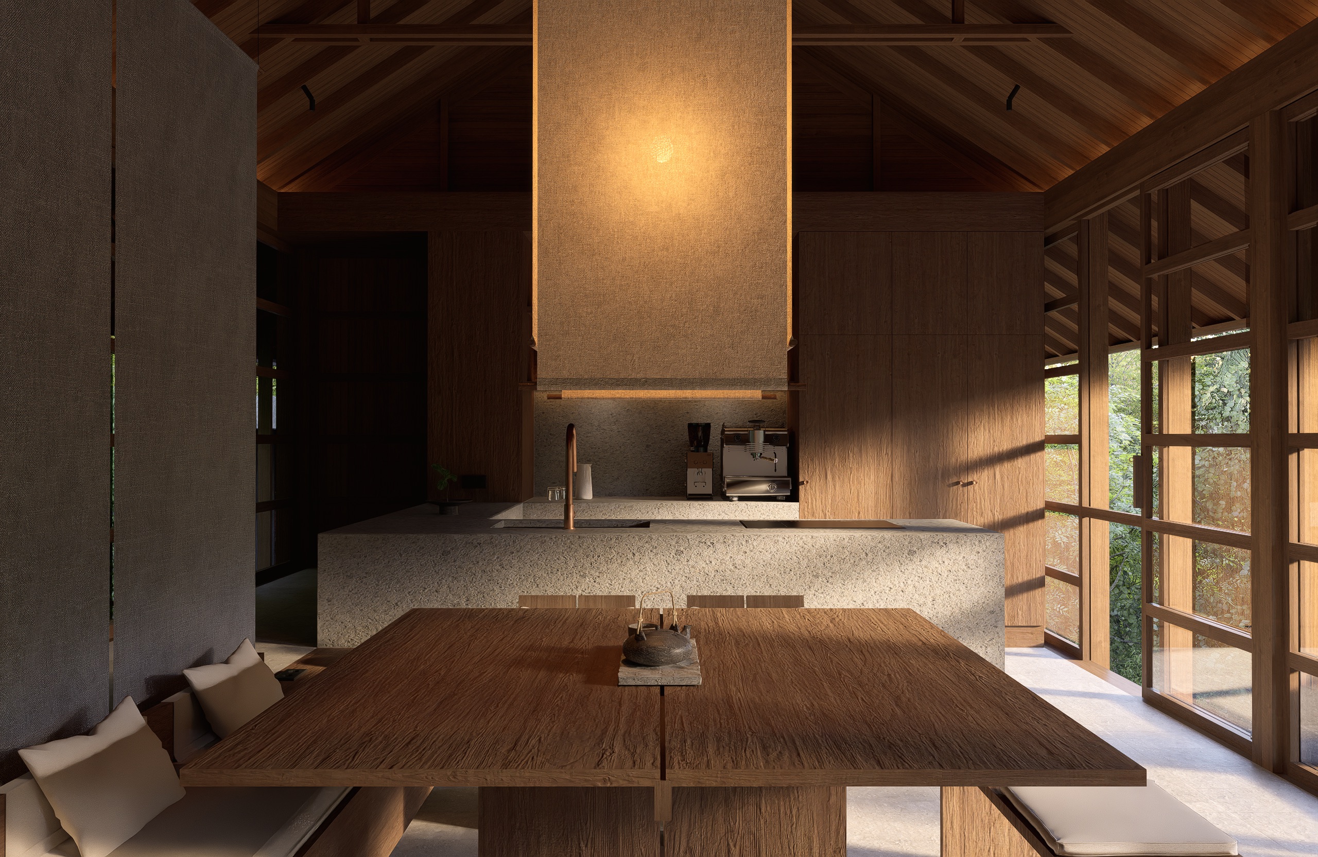 Japanese minimalist interior design with custom wood furniture