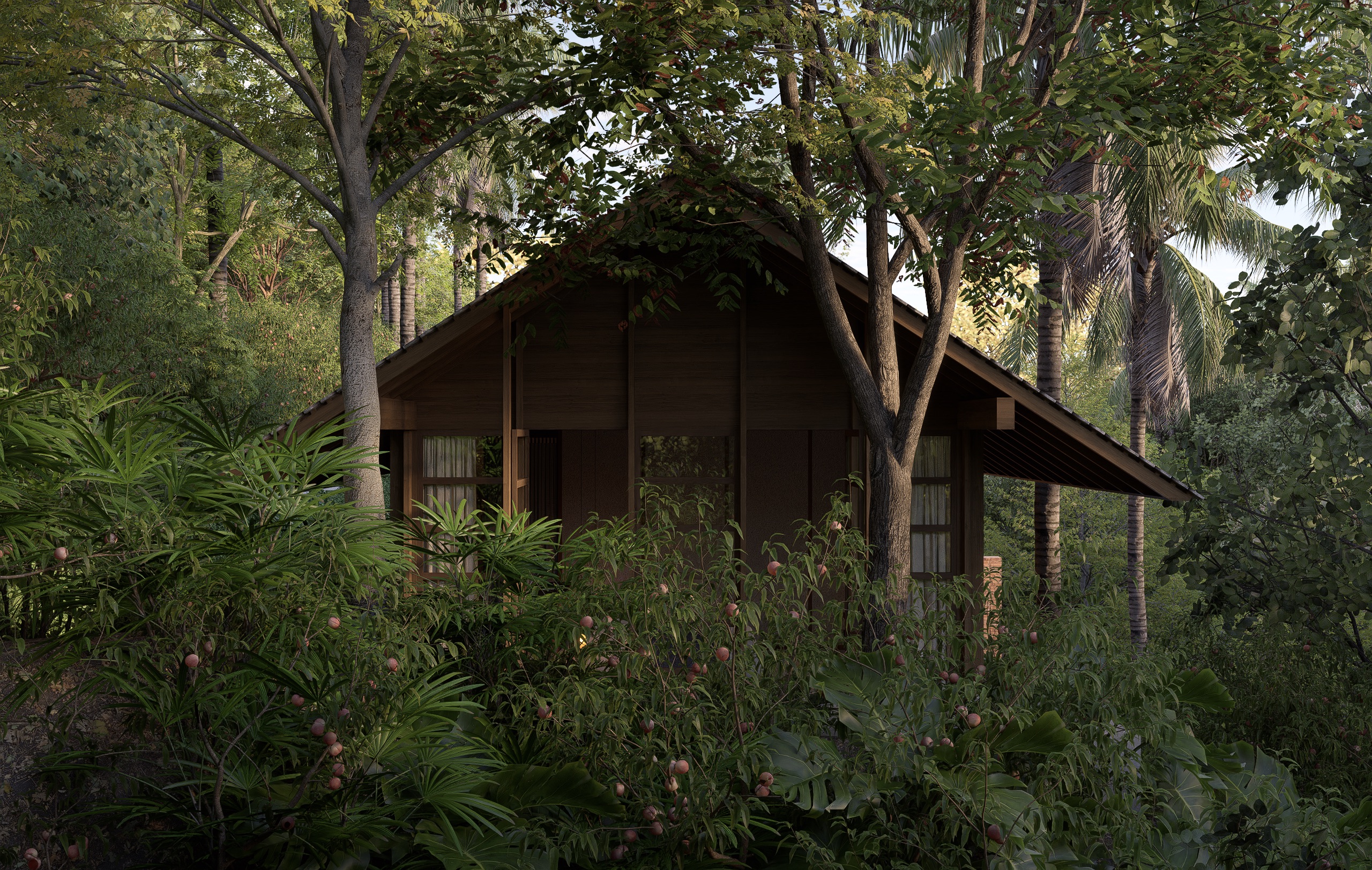 Exterior view showing kaki seribu inspired wooden structure with pitched roof