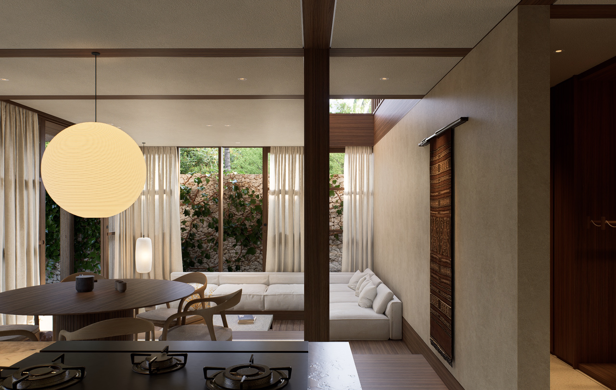 Living room of rumah bajang viewed from the kitchen island