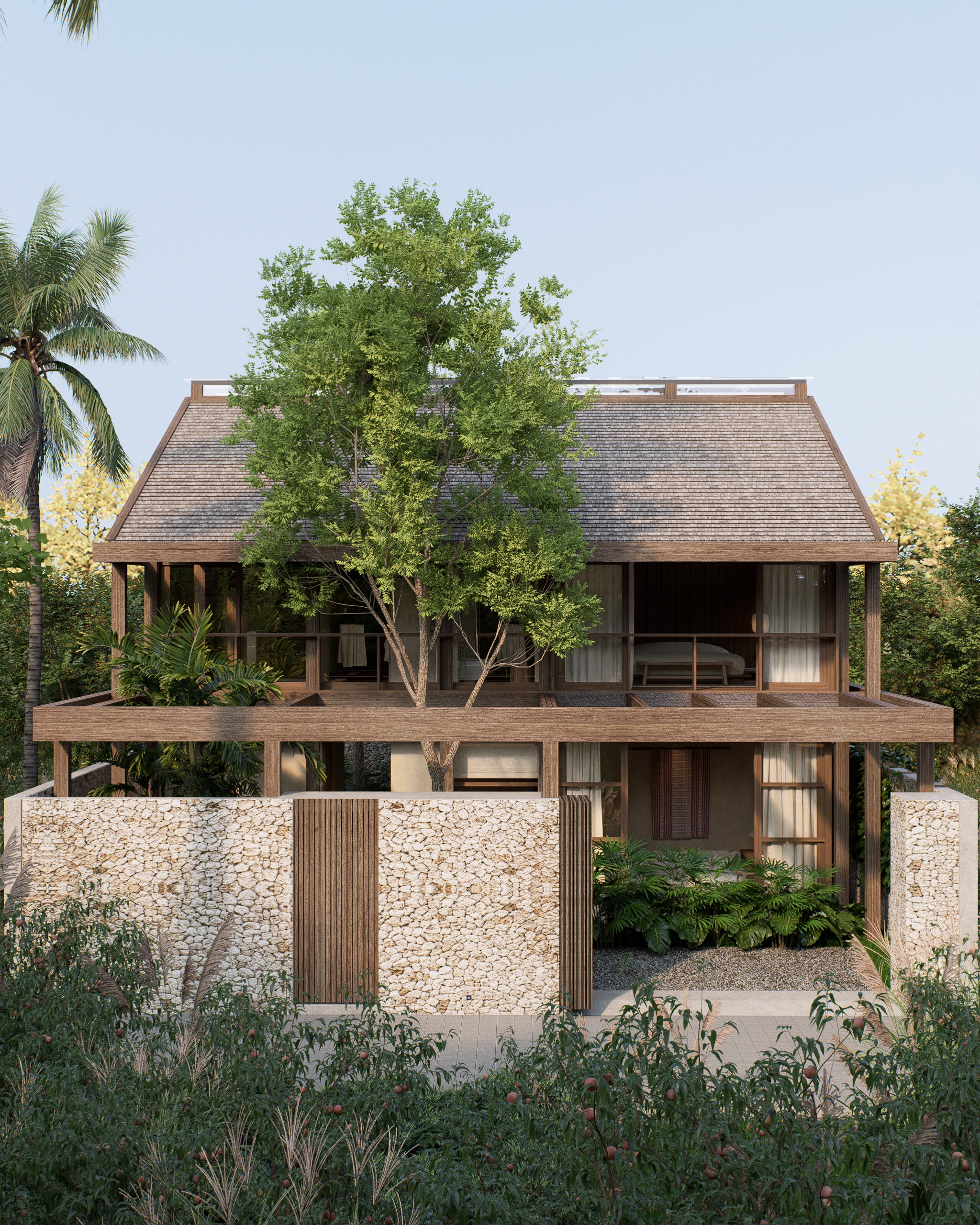 Balinese shrine-inspired house design with layered wooden columns, Uluwatu, Bali