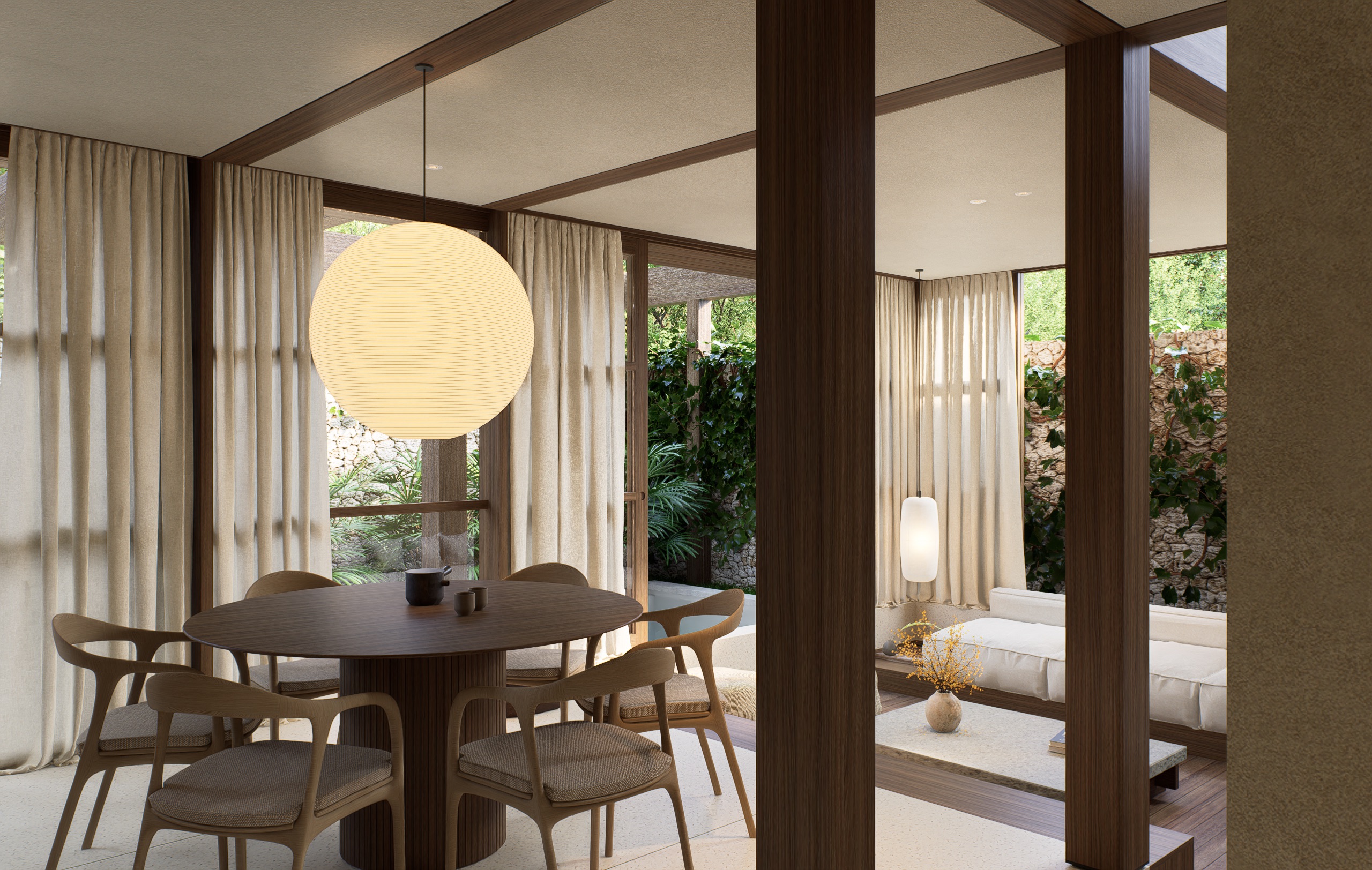 Open-plan living, dining and kitchen space opening to the outdoors, Umah Bajang villa