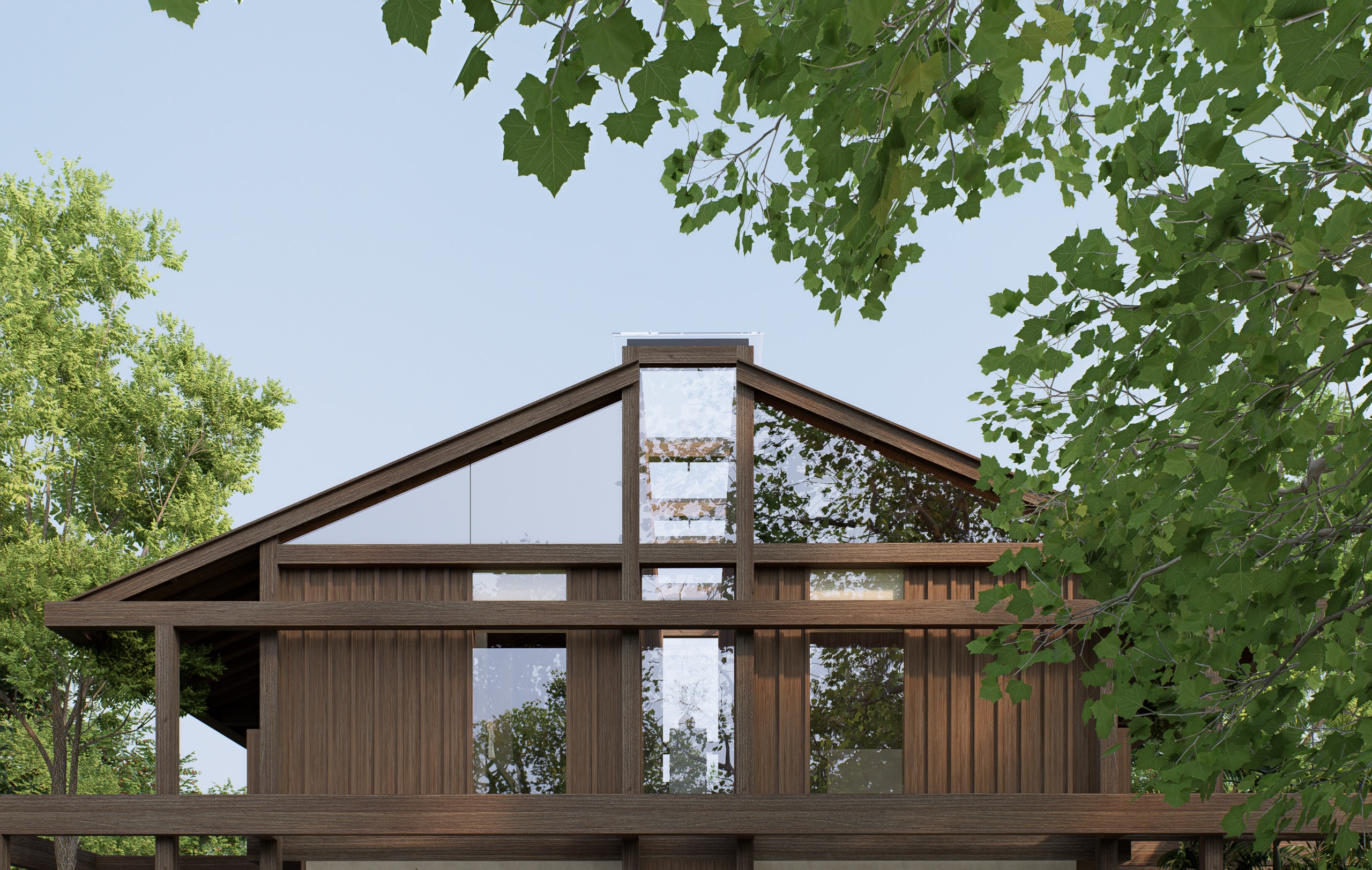 Wooden column structure inspired by traditional Balinese temple pavilion