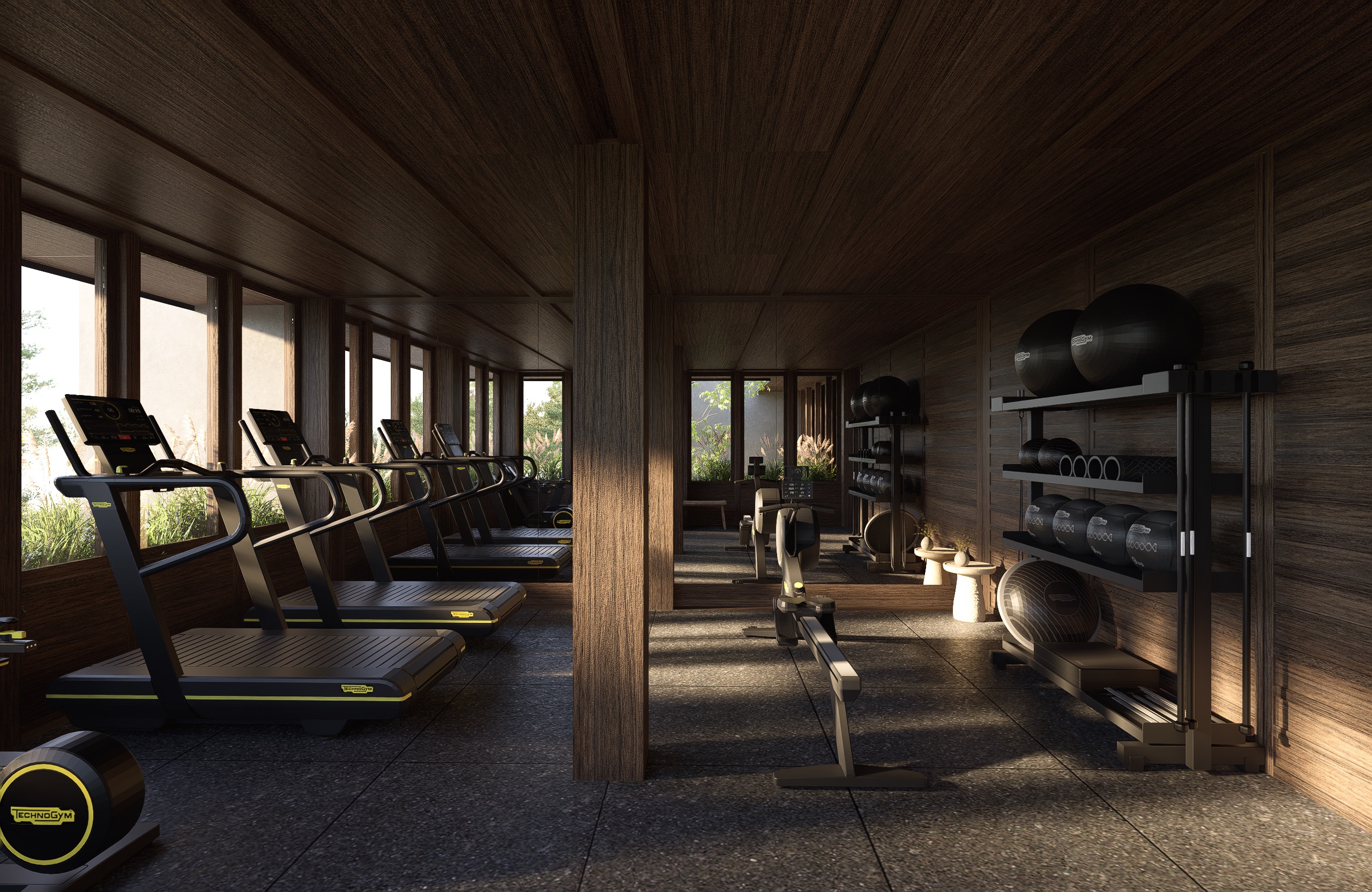Gym space with natural materials, Umah Meno wellness center